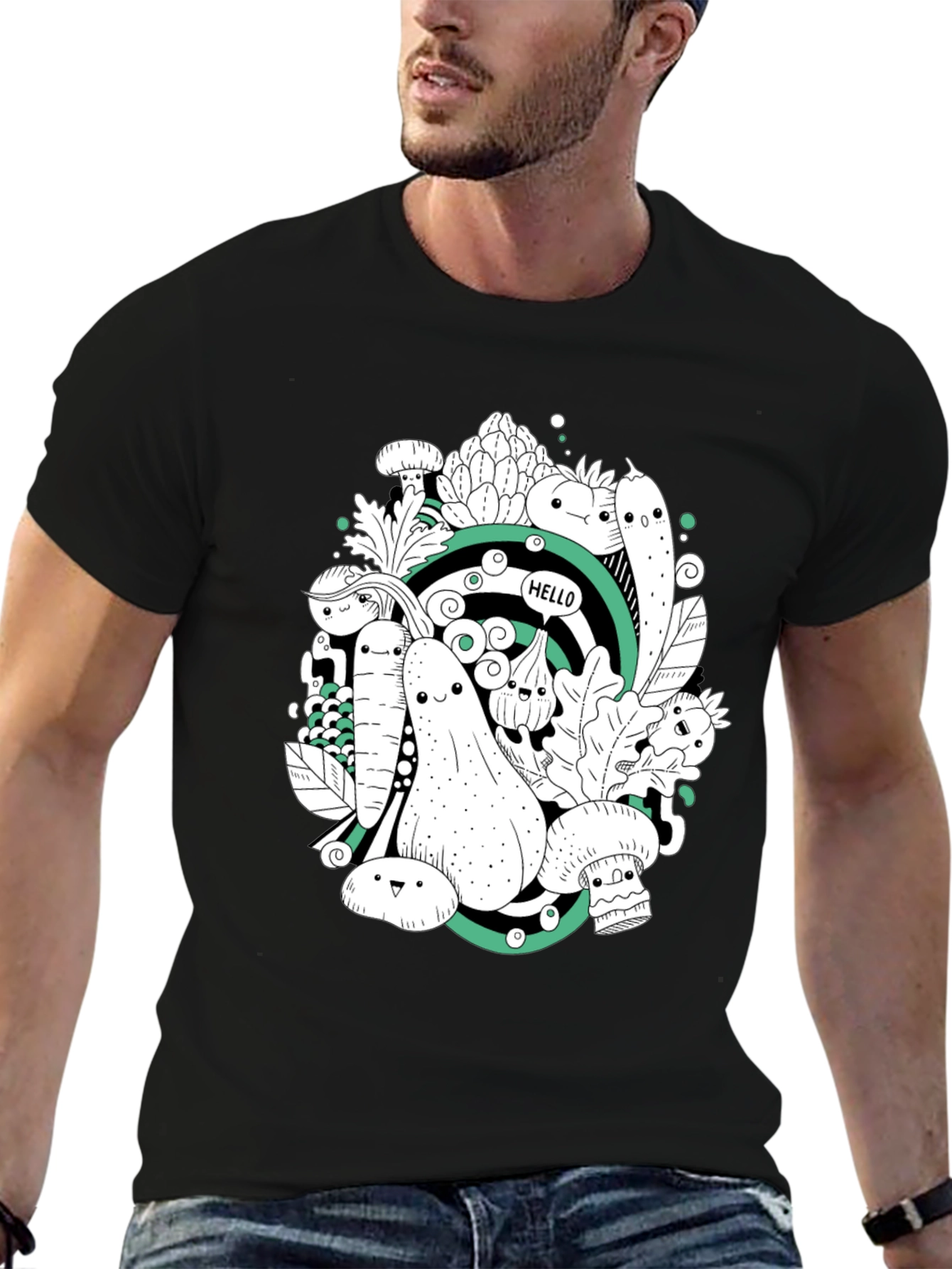 Vegetable Cartoon Graphic Print Black T-Shirt