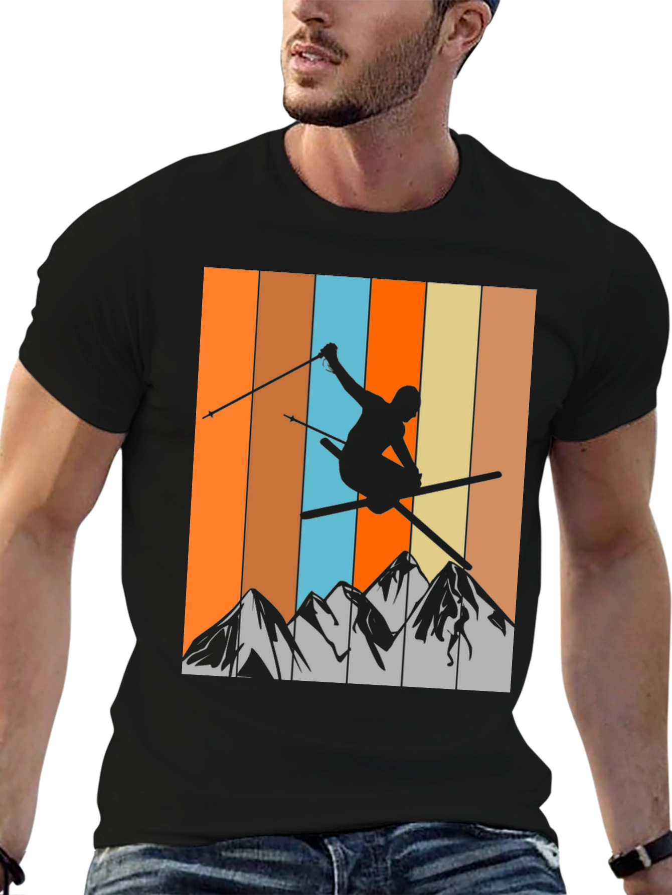 Retro Skiing T-Shirt - Mountain Silhouette Tee
