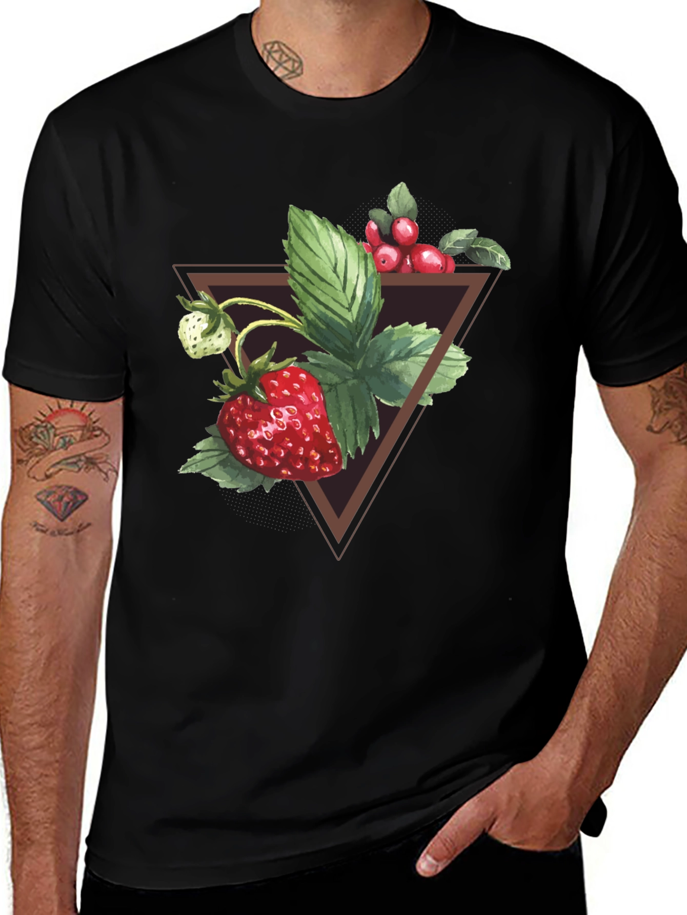 Strawberry Triangle Graphic Tee - Soft Black Cotton