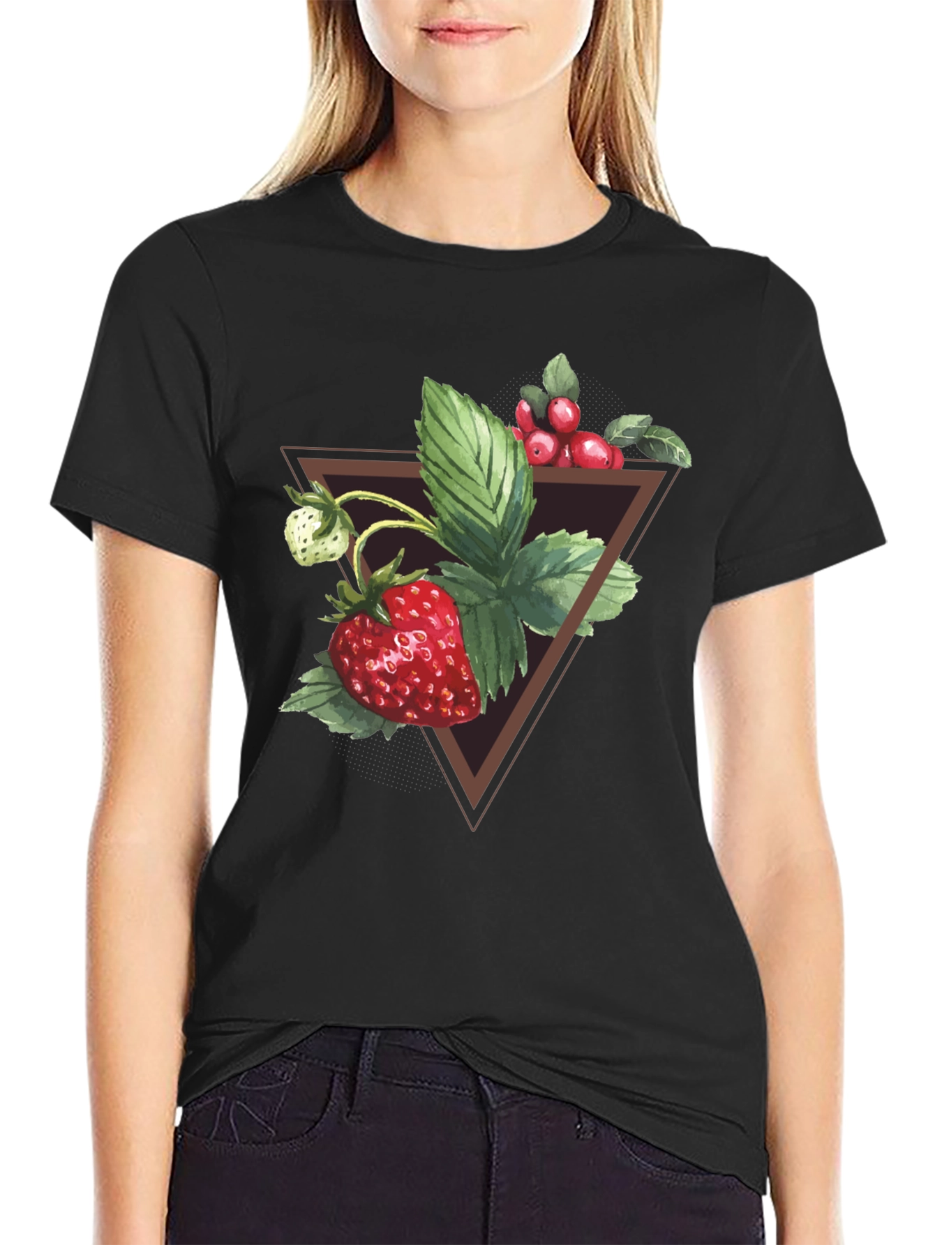 Strawberry Triangle Graphic Tee - Soft Black Cotton