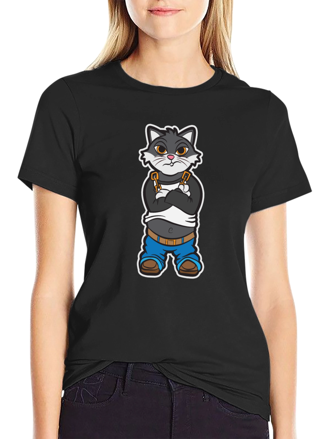 Cool Cat Cartoon Graphic Black T-Shirt
