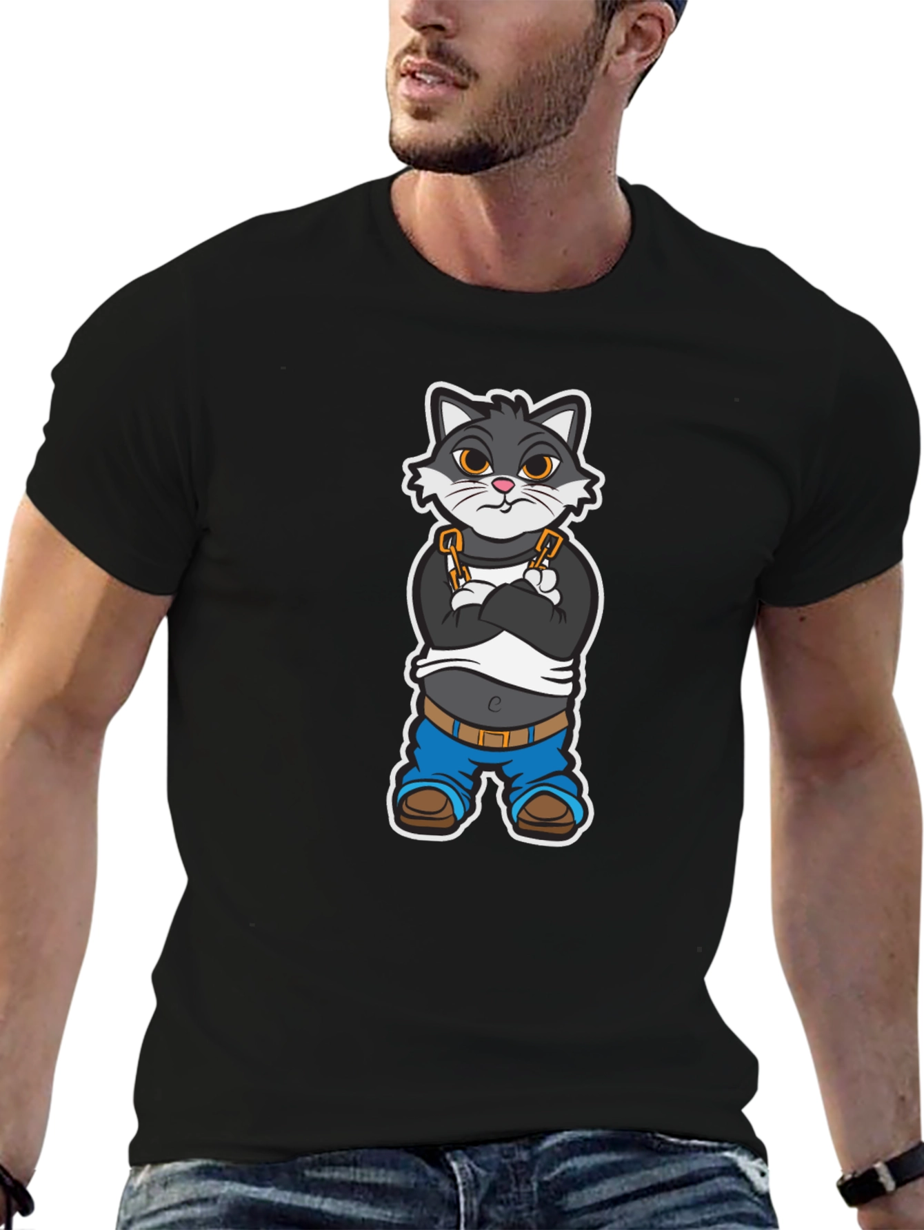 Cool Cat Cartoon Graphic Black T-Shirt