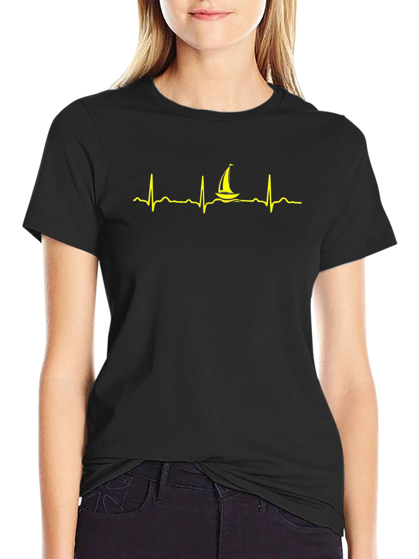 Sailboat Heartbeat Graphic Tee - Black Cotton T-Shirt