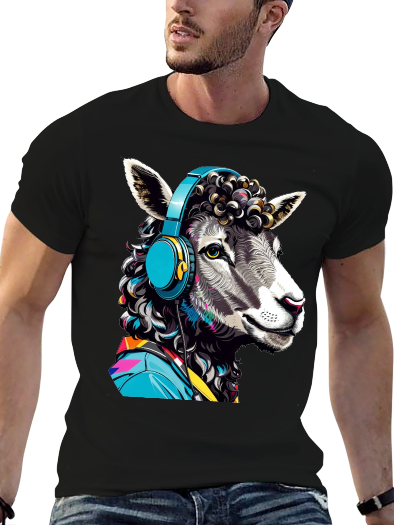 Sheep with Headphones Graphic Tee - Quirky Animal Design