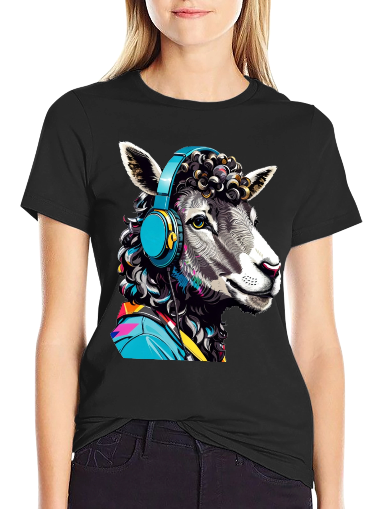 Sheep with Headphones Graphic Tee - Quirky Animal Design