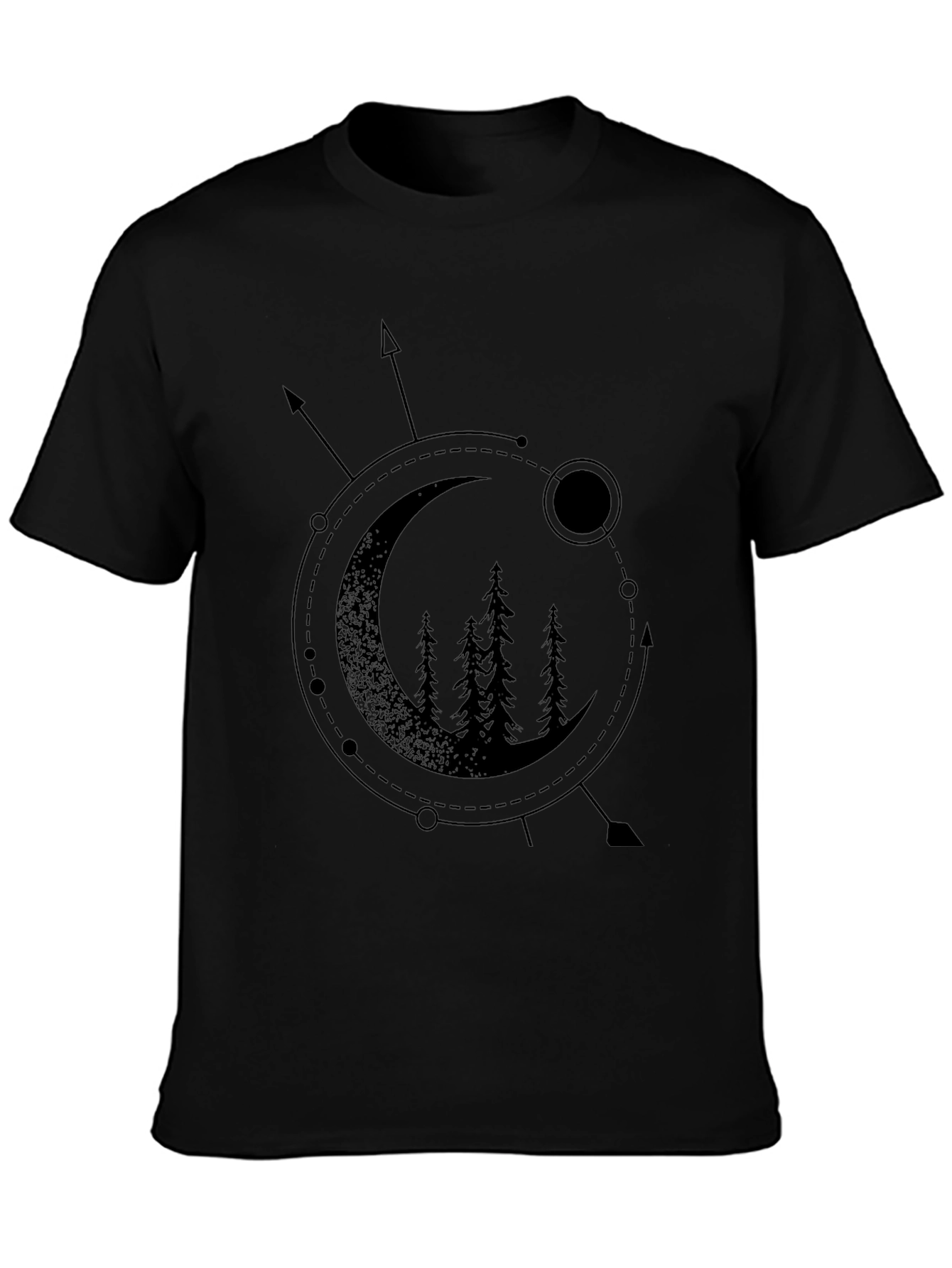 Geometric Moon & Trees Graphic Tee - Black