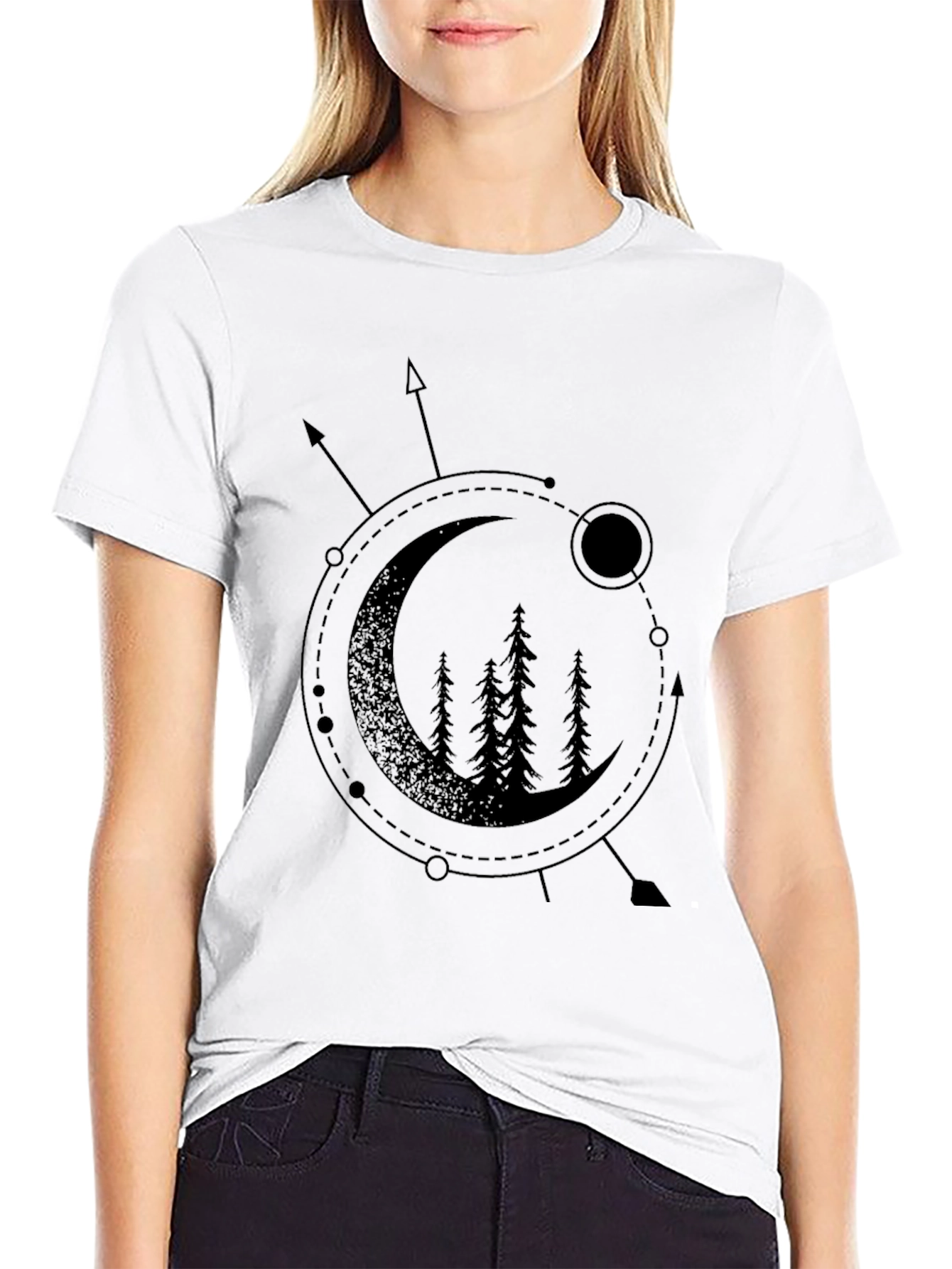 Geometric Moon & Trees Graphic Tee - Black