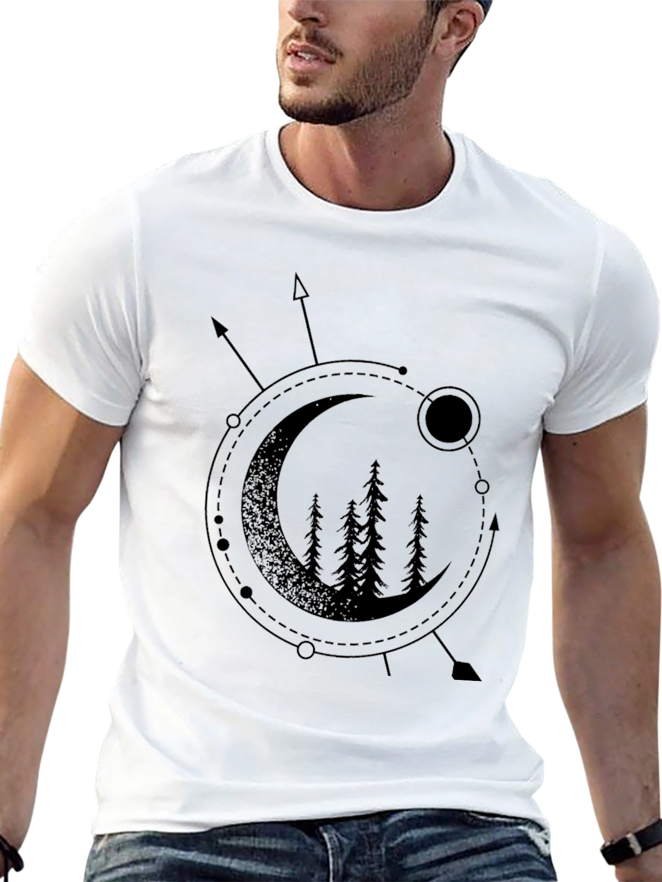 Geometric Moon & Trees Graphic Tee - Black