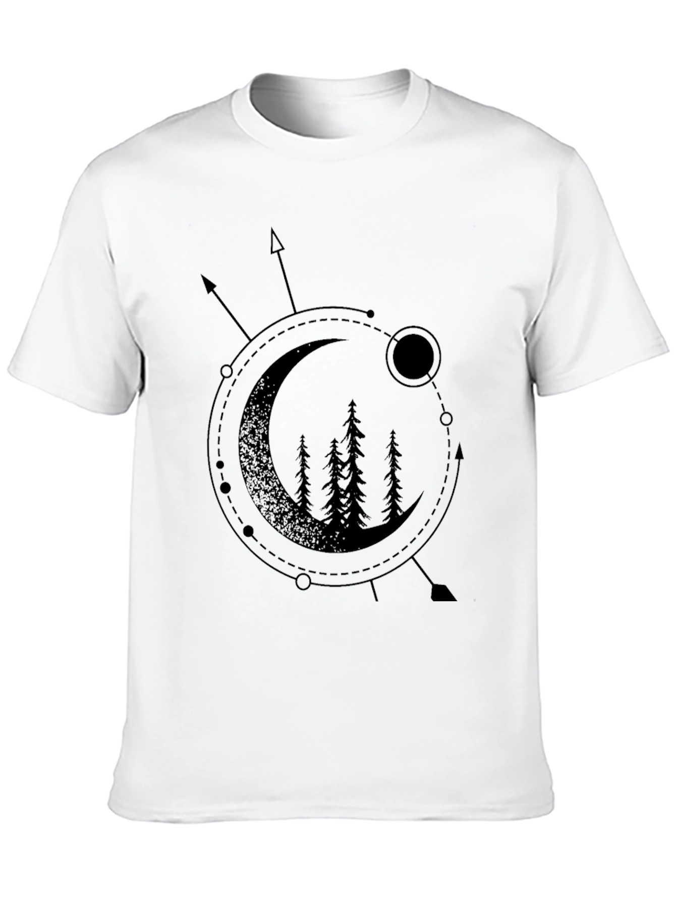 Geometric Moon & Trees Graphic Tee - Black