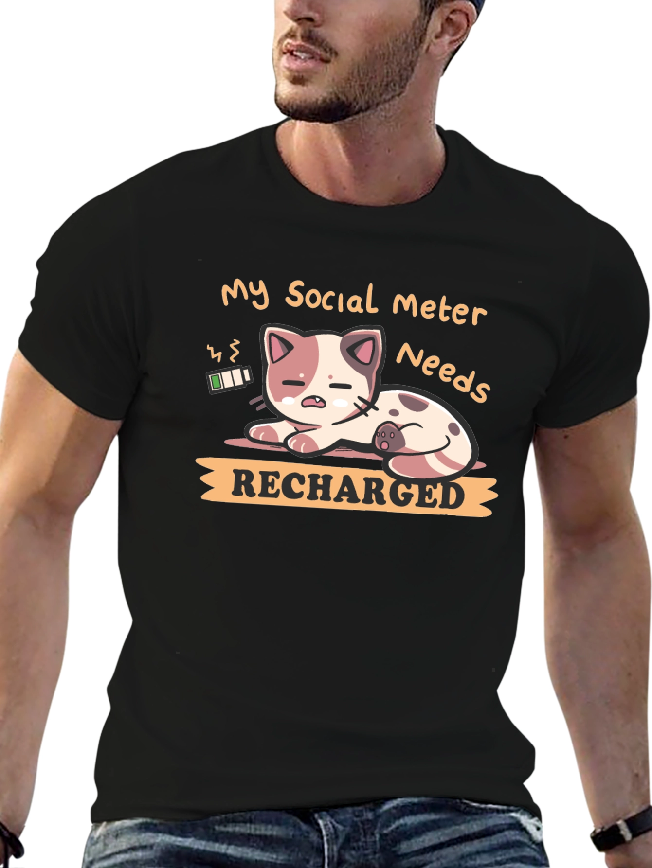 Social Meter Recharge Cat Graphic T-Shirt
