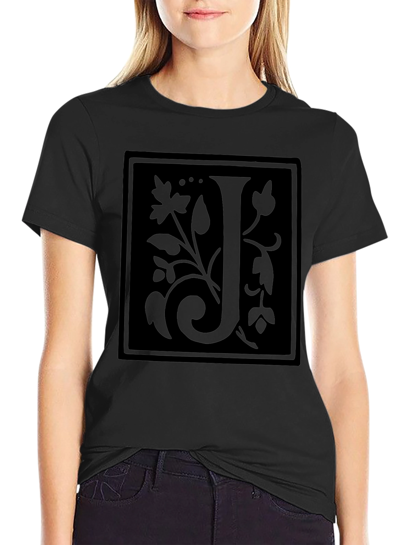 Floral Initial J Black T-Shirt