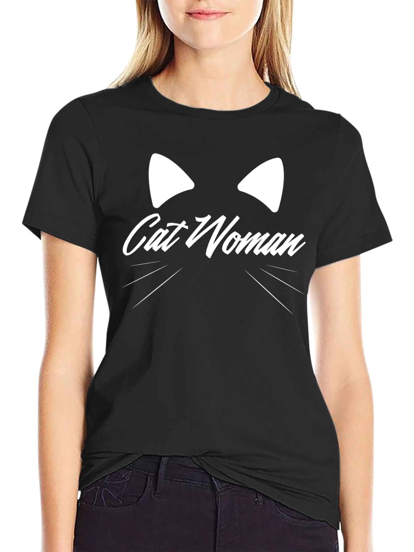 Cat Woman Graphic Tee - Black Cotton T-Shirt
