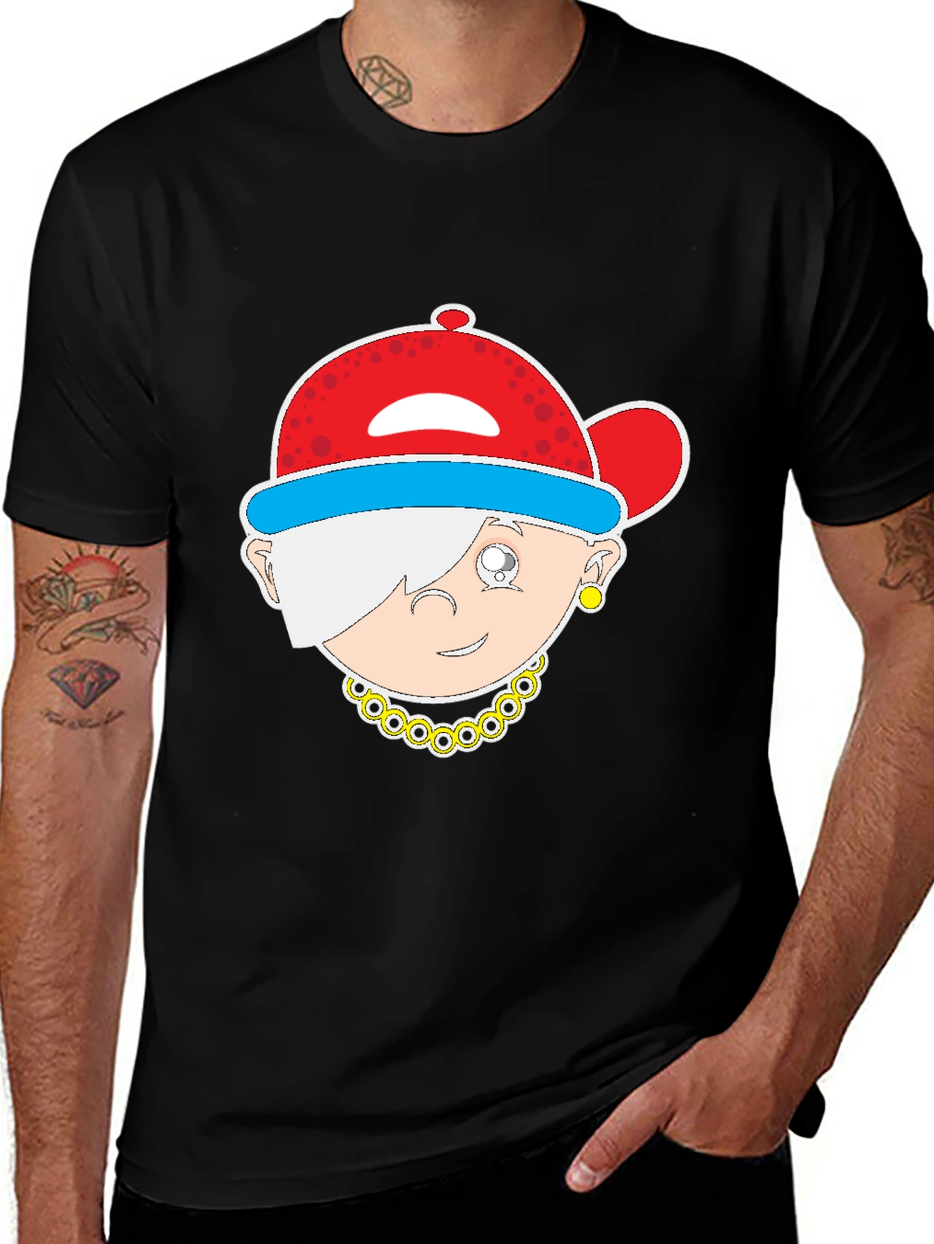 Cartoon Character Graphic Tee - Black Cotton