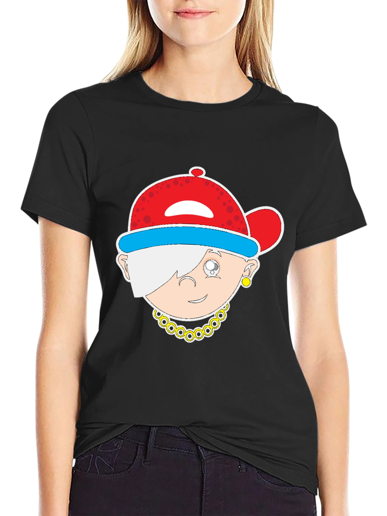 Cartoon Character Graphic Tee - Black Cotton