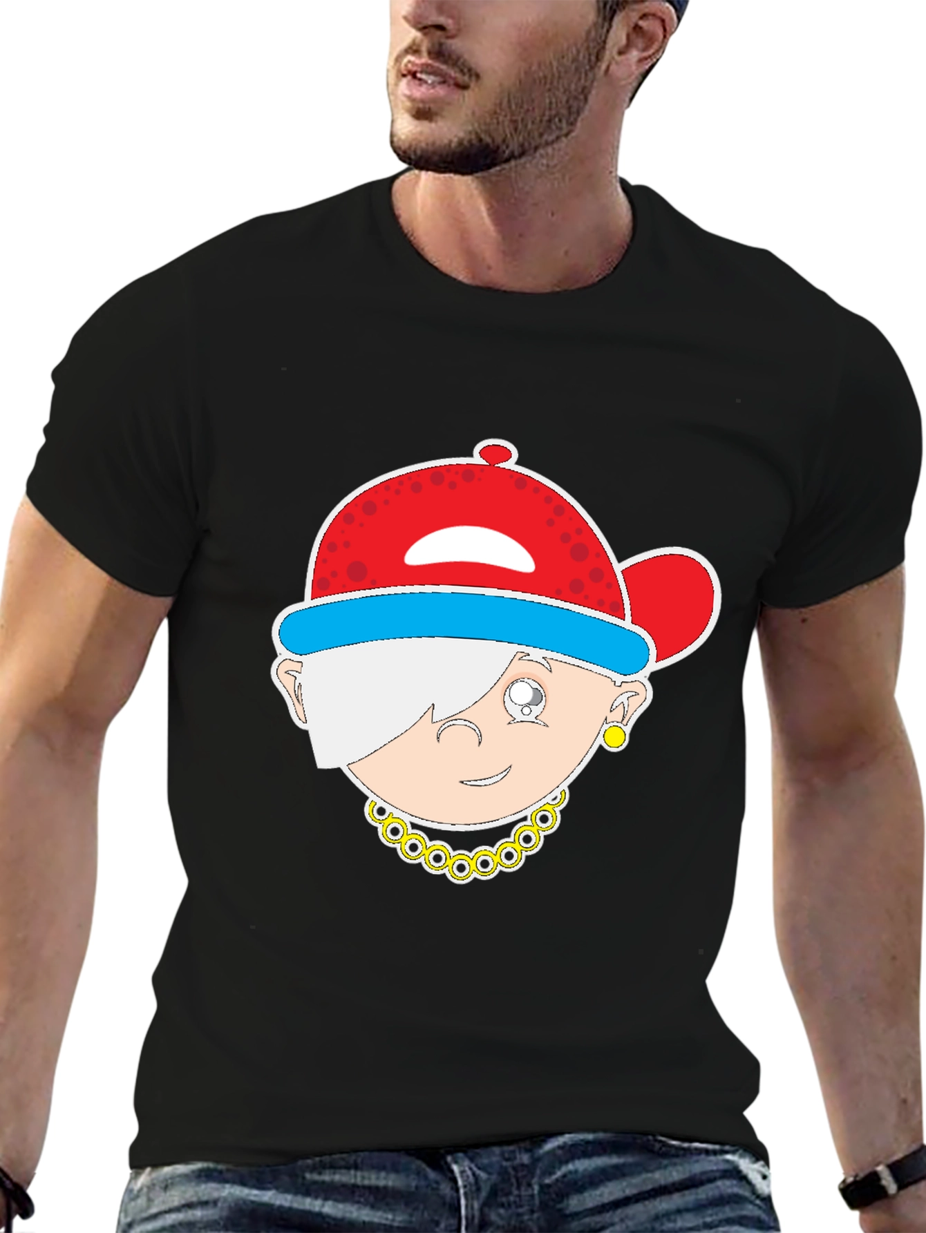 Cartoon Character Graphic Tee - Black Cotton