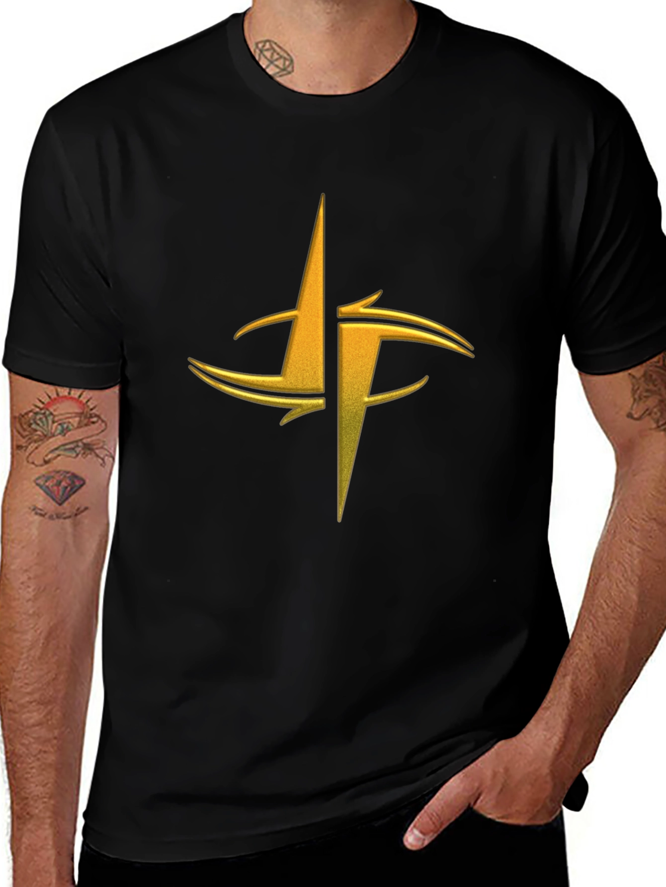 Mens Black Graphic Tee - Gold Abstract Design