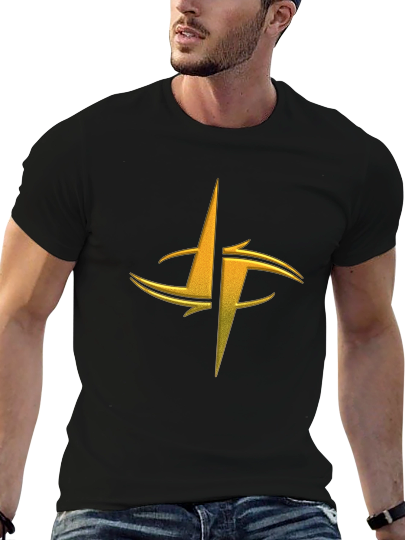 Mens Black Graphic Tee - Gold Abstract Design