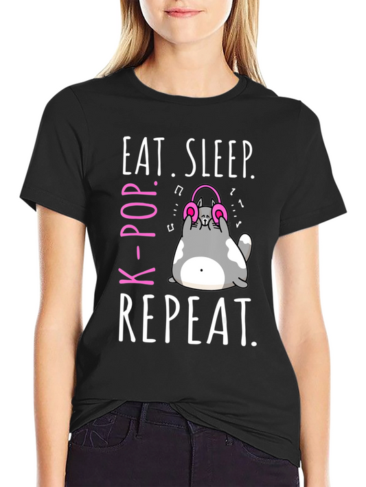 Eat Sleep K-Pop Repeat T-Shirt Cute Cat Design Music Lover Tee