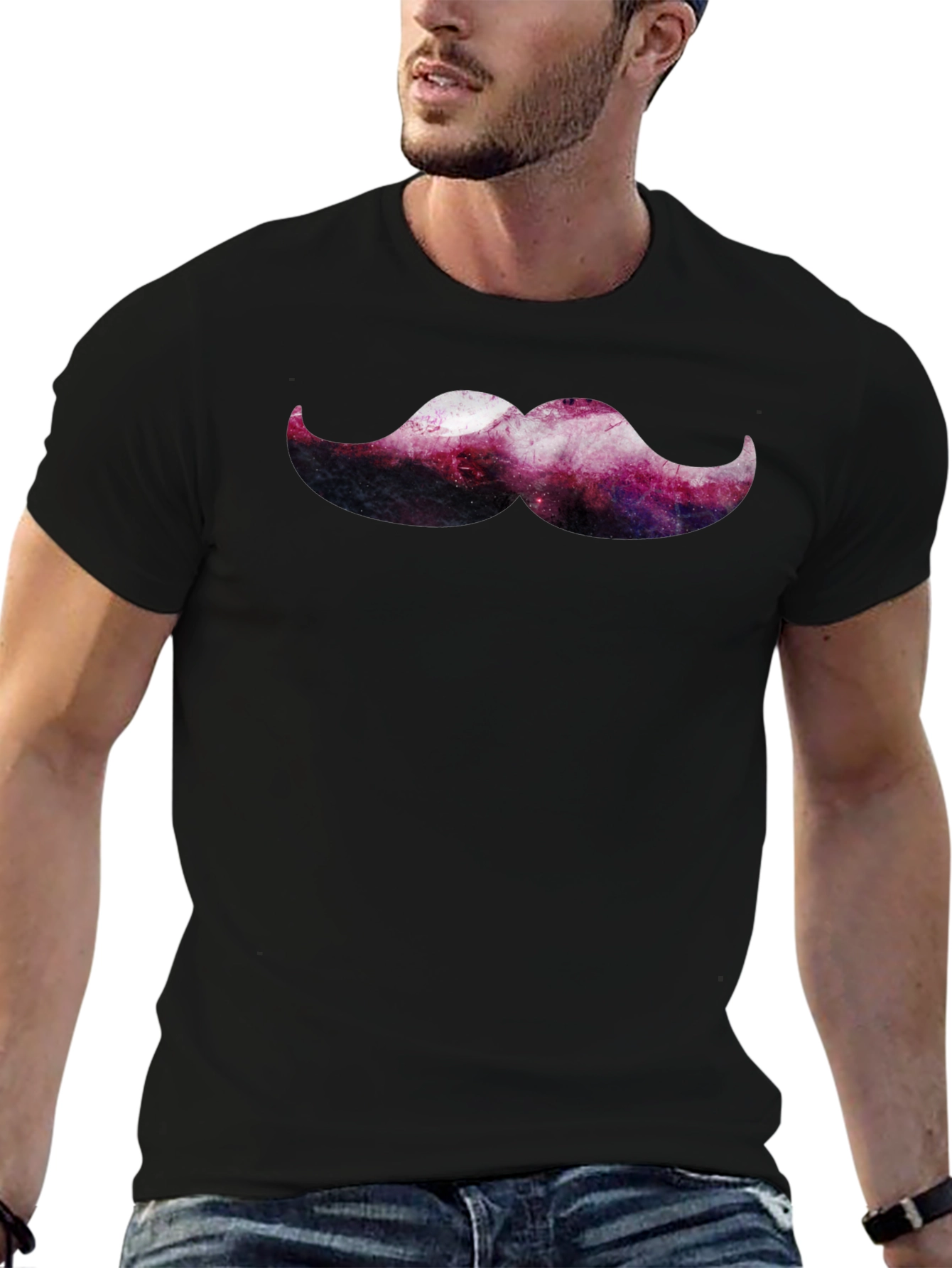 Cosmic Mustache Graphic Tee - Trendy Mens Black T-Shirt