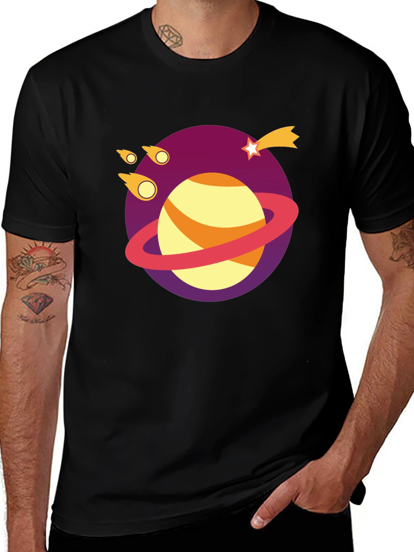 Galaxy Planet Graphic Tee - Black Cotton T-Shirt