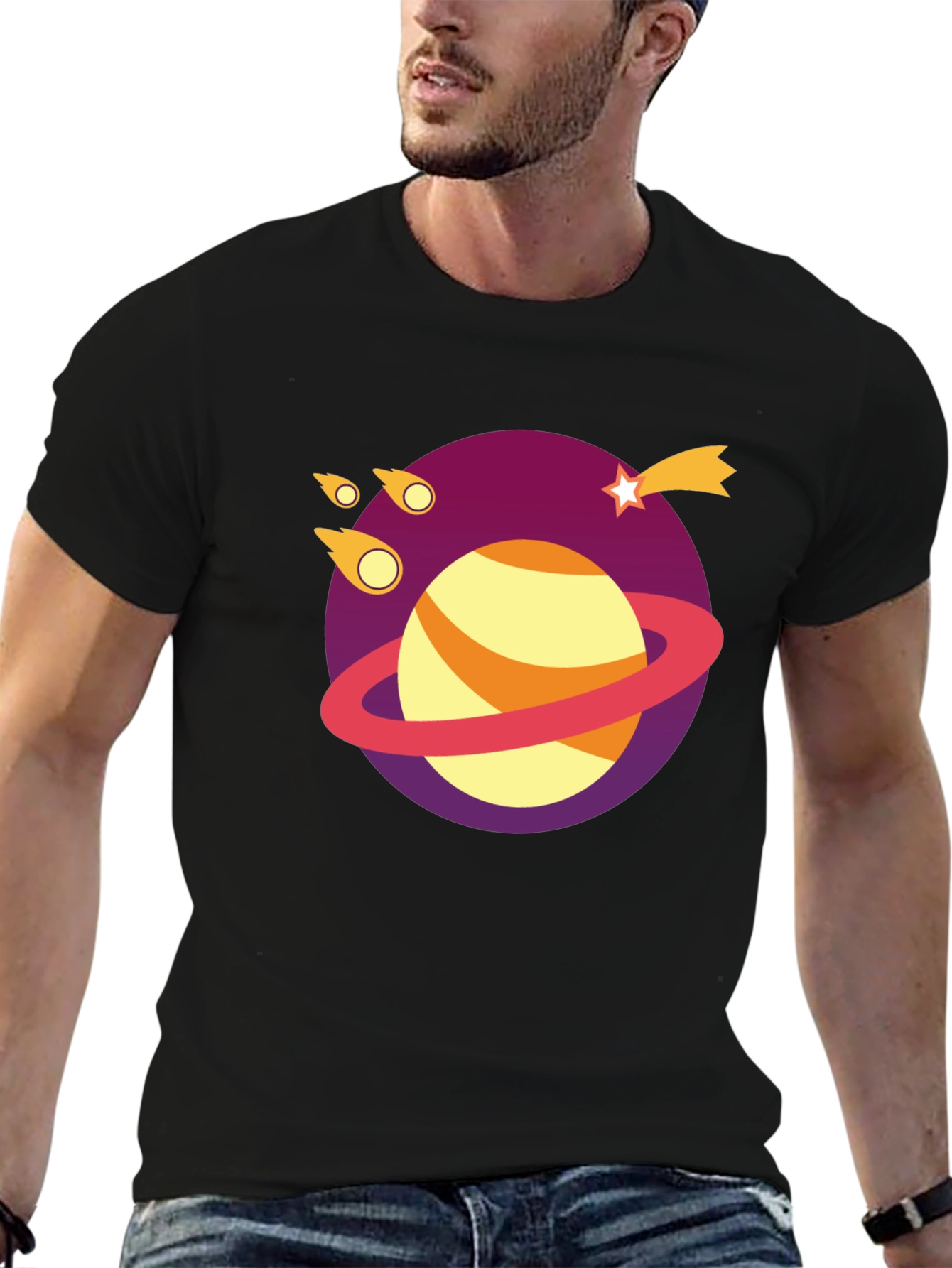Galaxy Planet Graphic Tee - Black Cotton T-Shirt