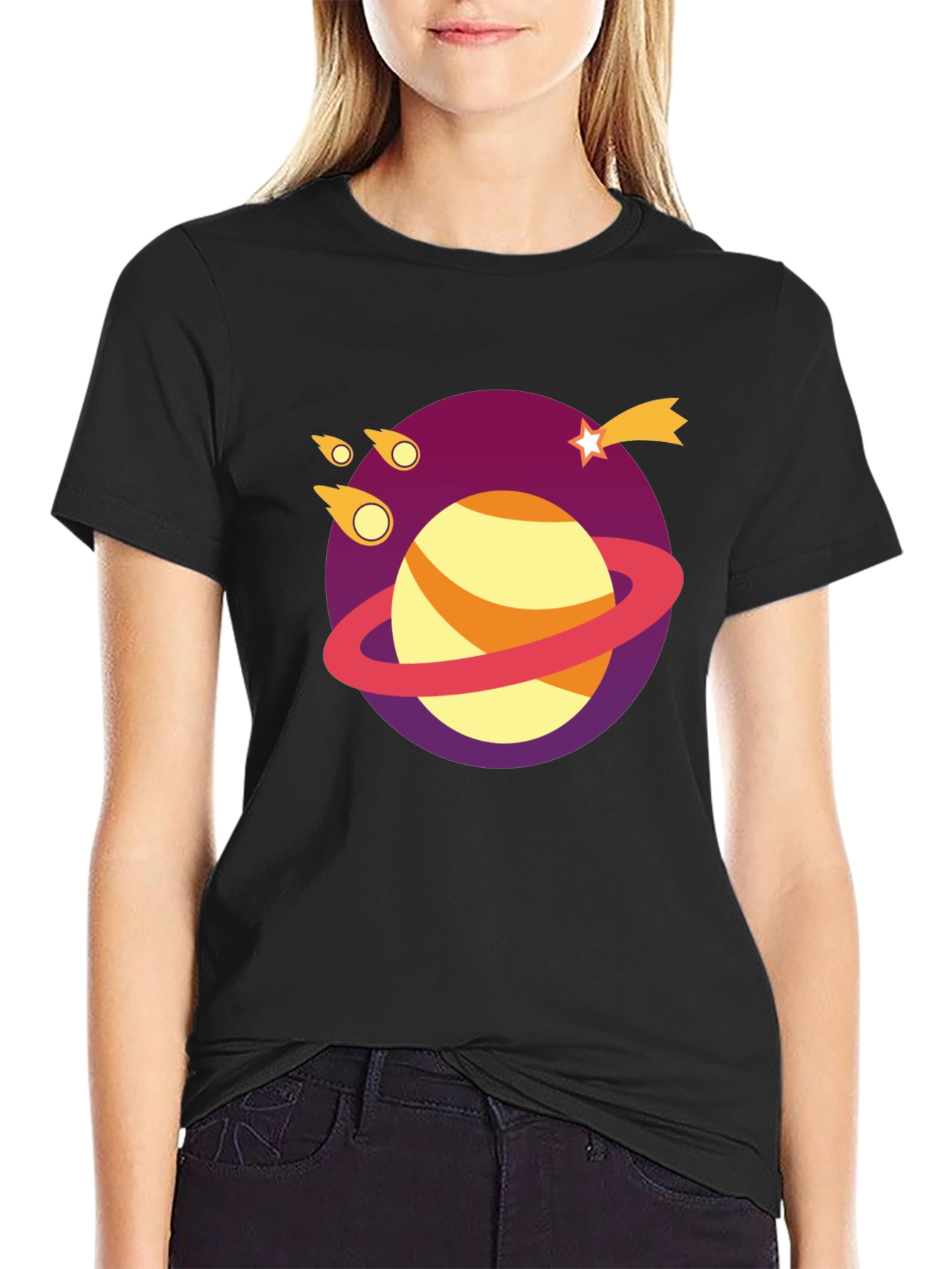 Galaxy Planet Graphic Tee - Black Cotton T-Shirt