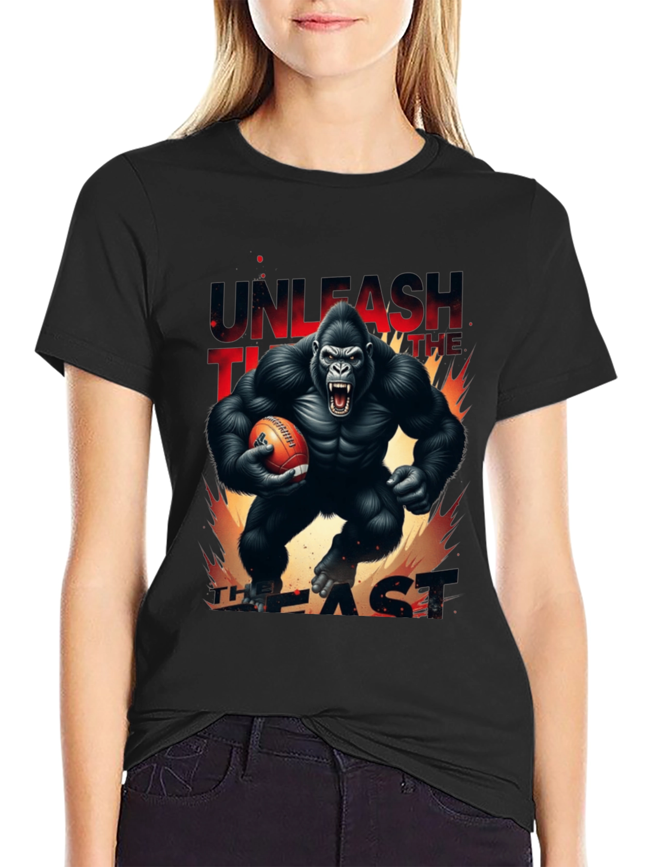 Unleash the Beast Gorilla Football Graphic T-Shirt