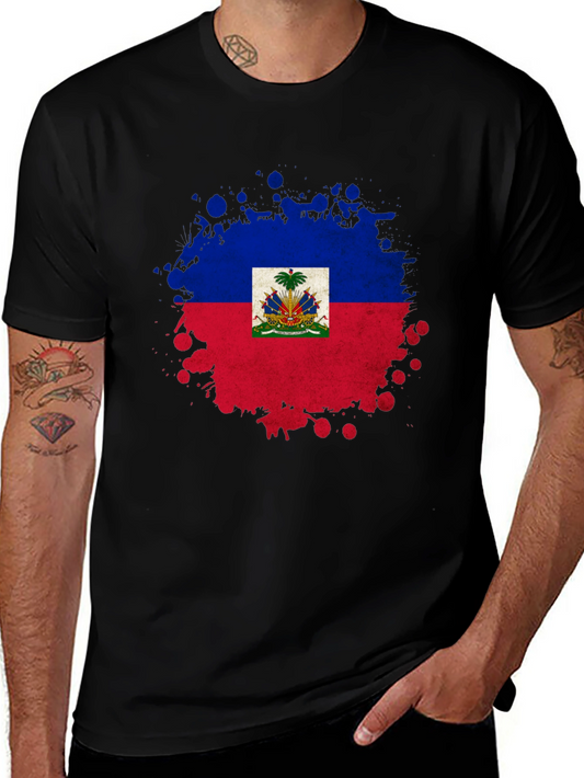Haiti Flag Splatter Print Black T-Shirt
