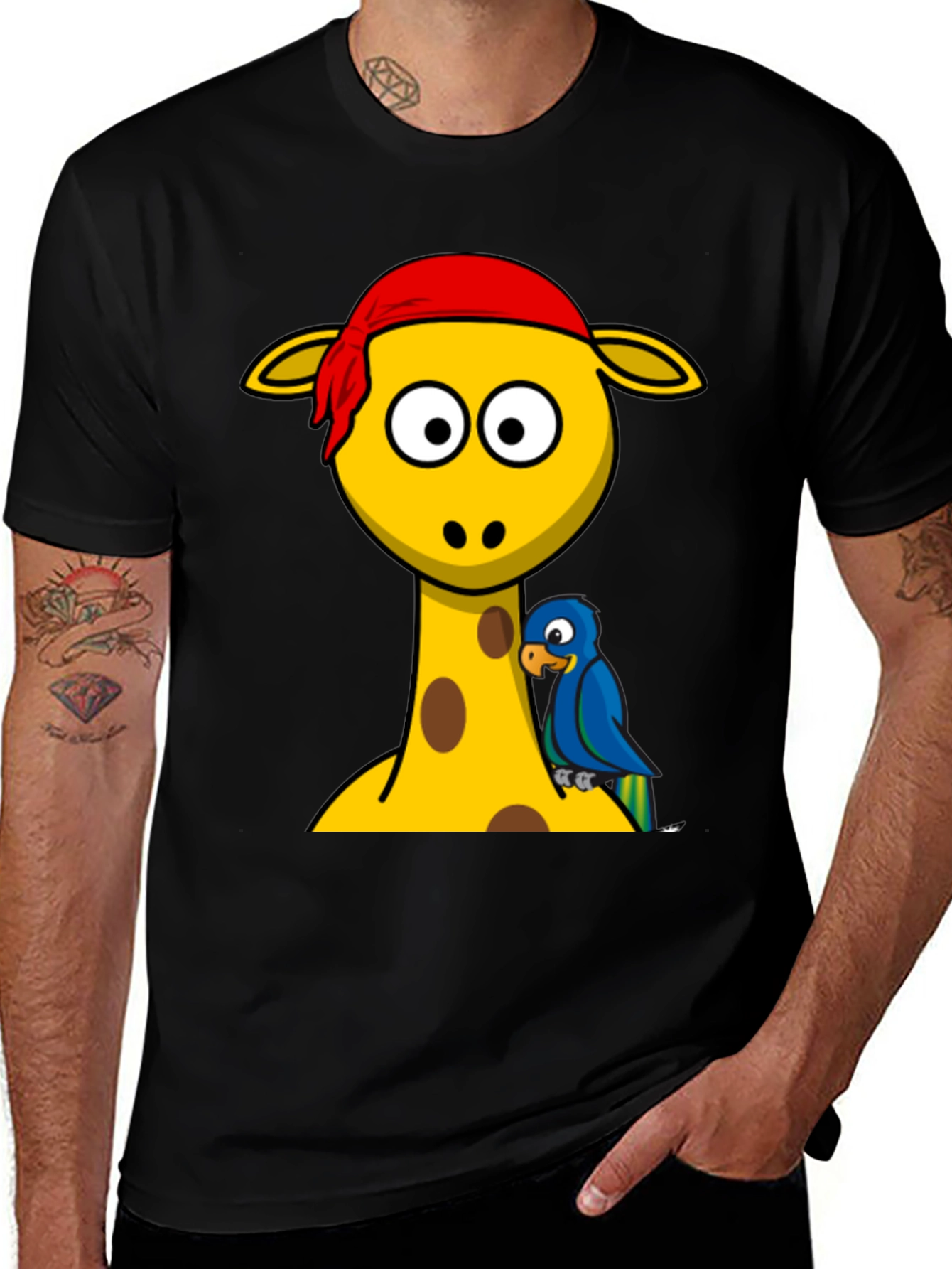 Giraffe Pirate Parrot Graphic Tee - Black Cotton T-Shirt