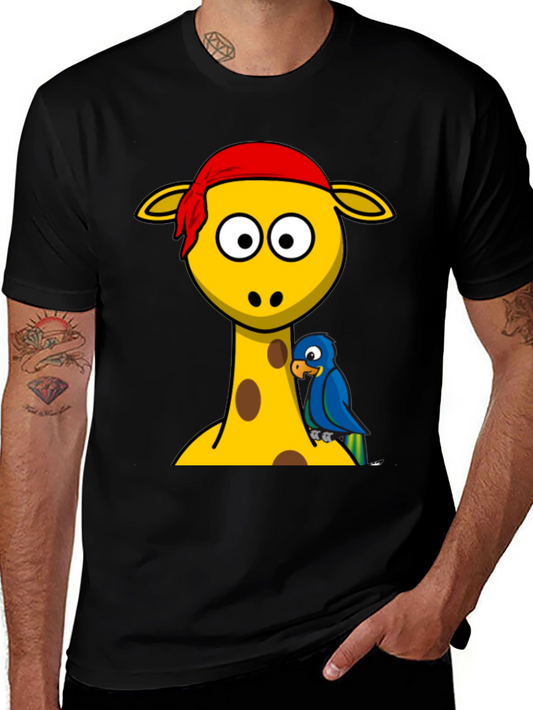 Giraffe Pirate Parrot Graphic Tee - Black Cotton T-Shirt