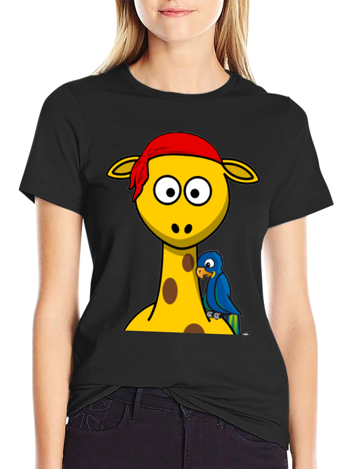 Giraffe Pirate Parrot Graphic Tee - Black Cotton T-Shirt