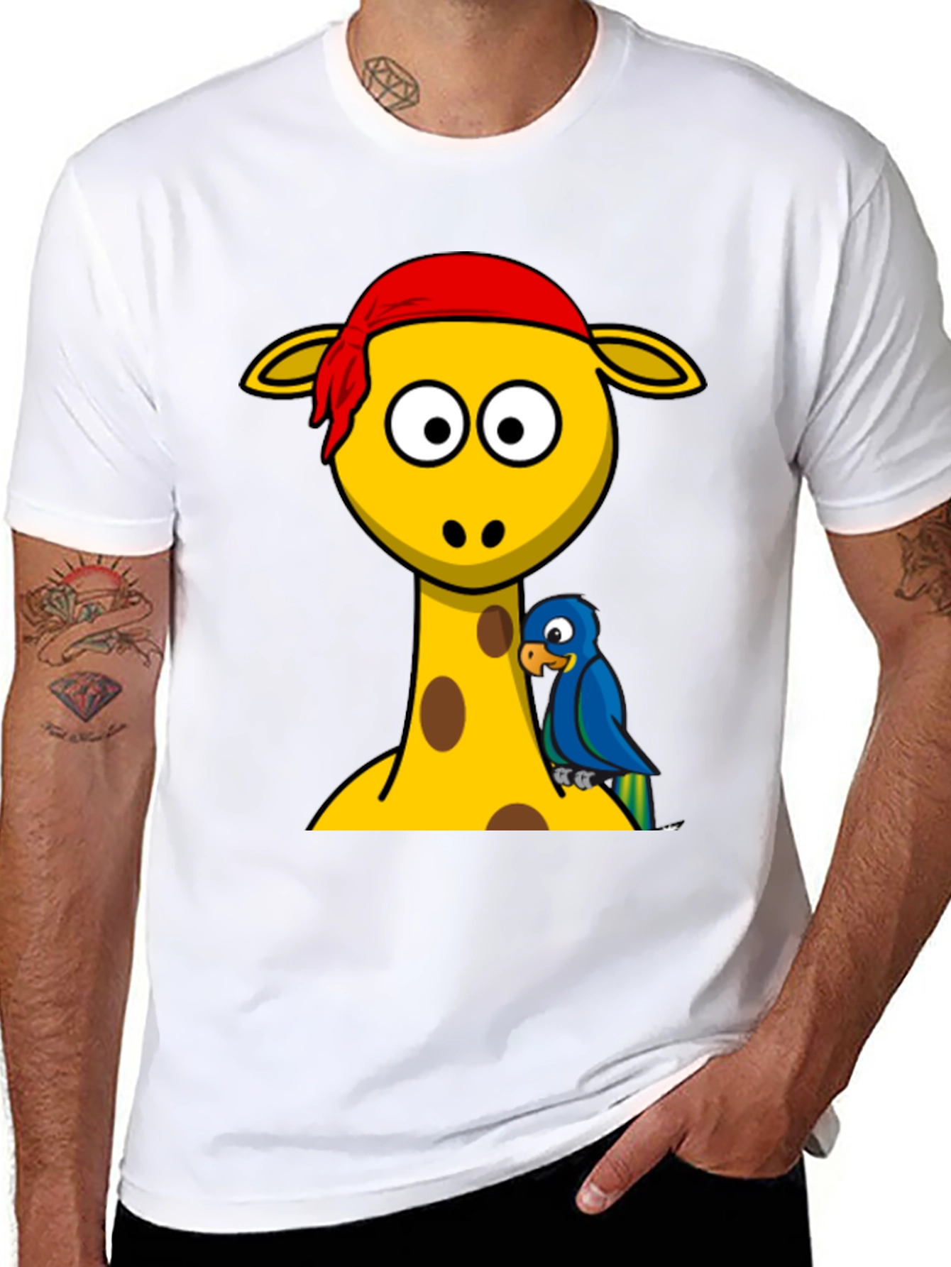 Giraffe Pirate Parrot Graphic Tee - Black Cotton T-Shirt