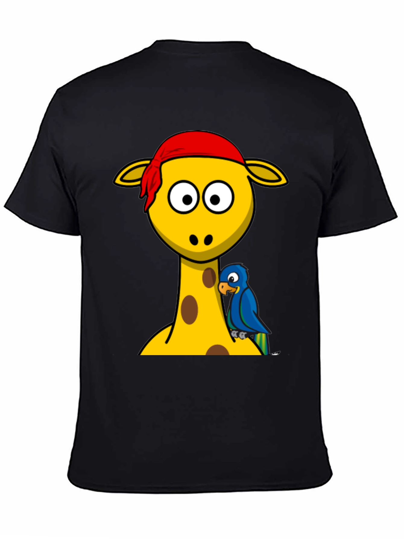 Giraffe Pirate Parrot Graphic Tee - Black Cotton T-Shirt