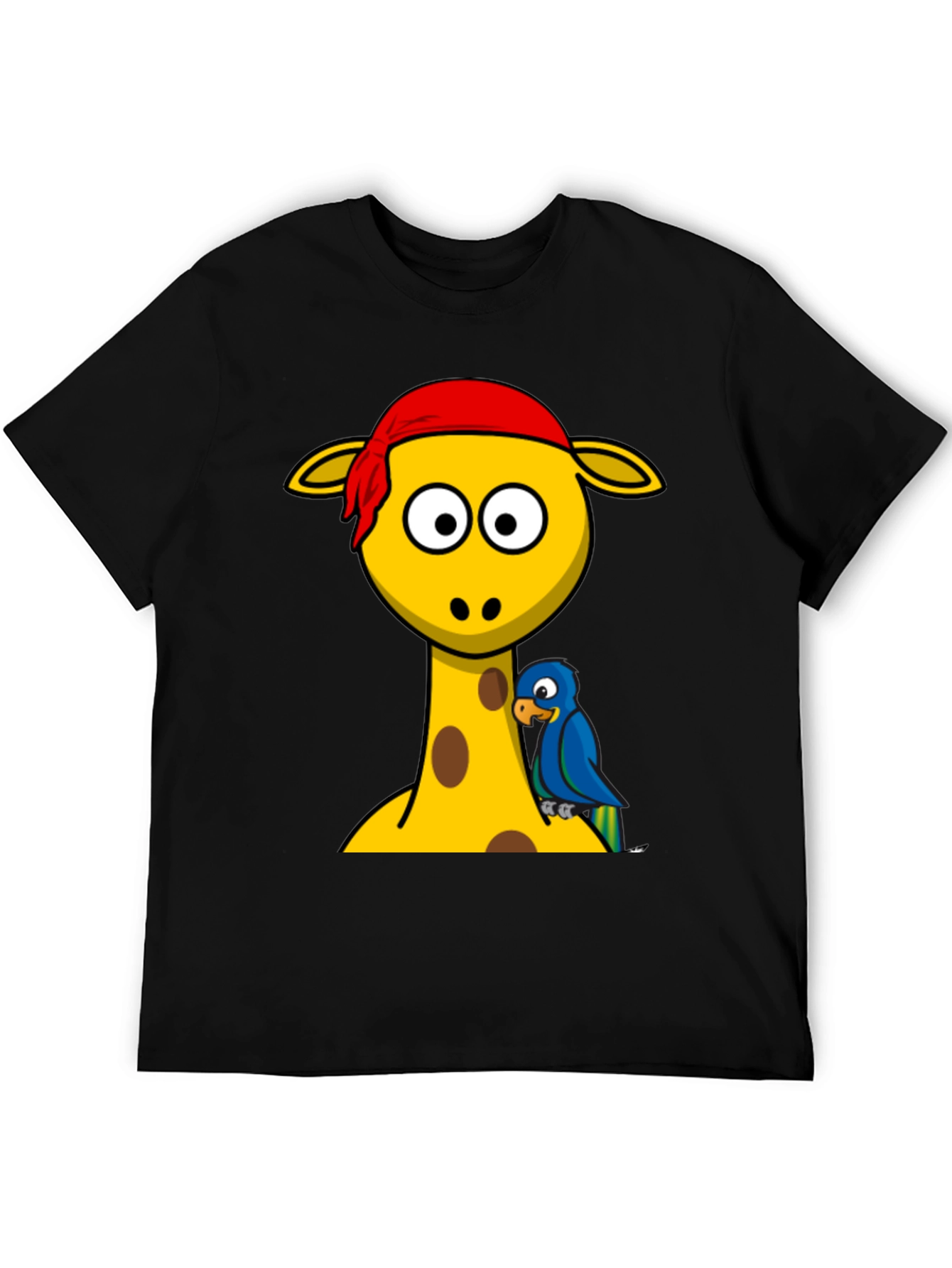 Giraffe Pirate Parrot Graphic Tee - Black Cotton T-Shirt