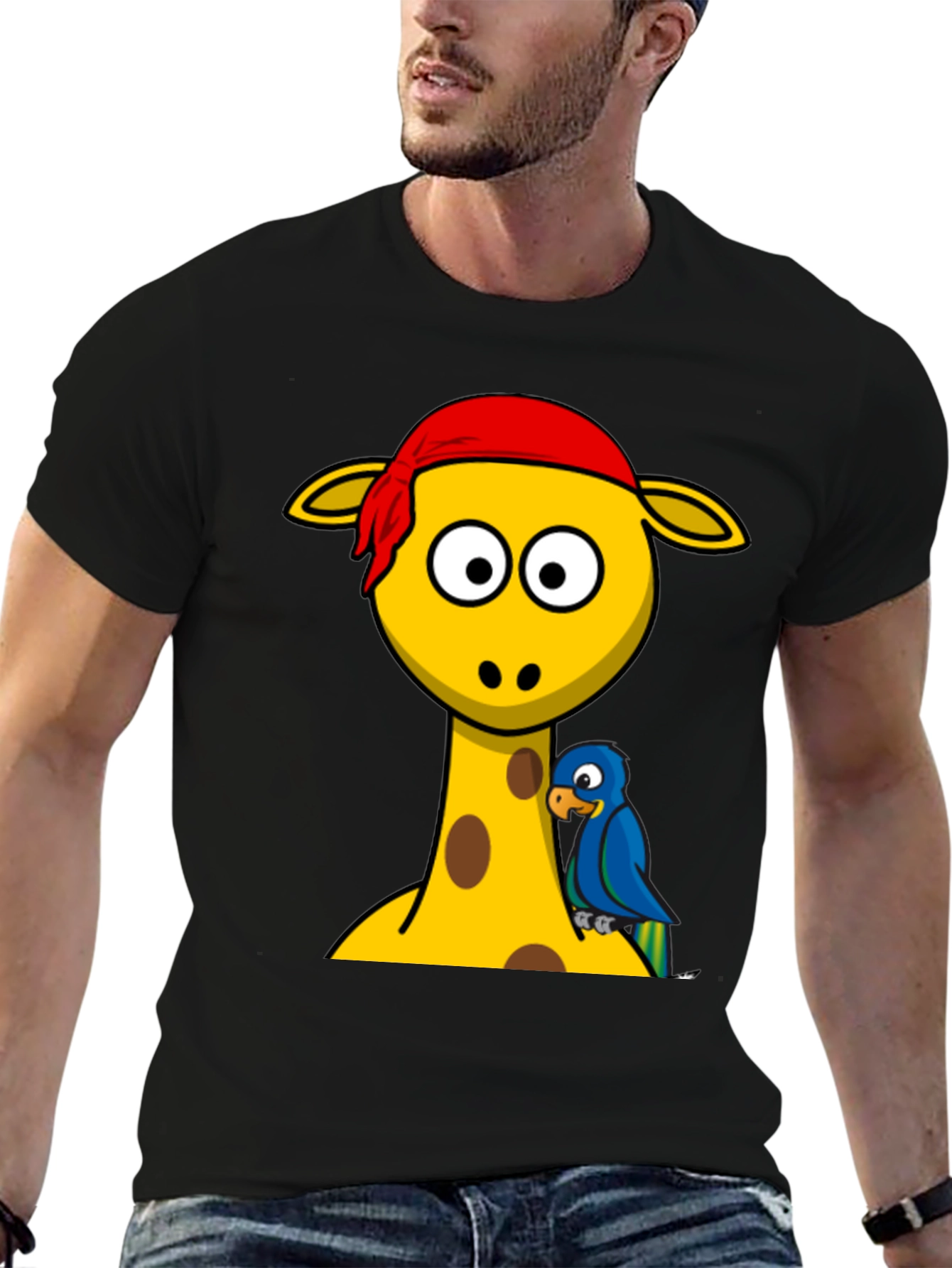 Giraffe Pirate Parrot Graphic Tee - Black Cotton T-Shirt