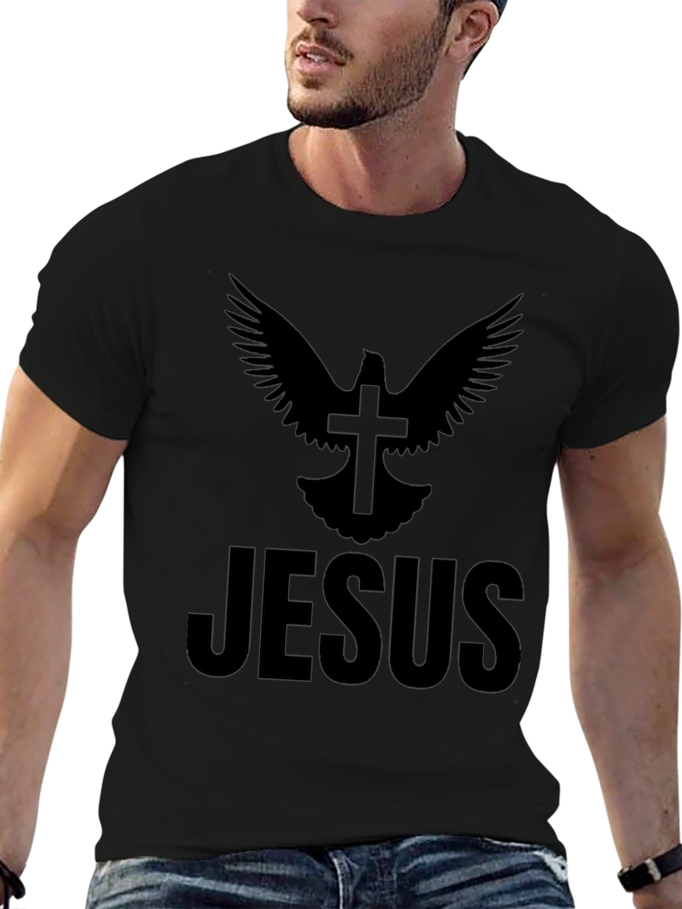 Dove Cross Jesus Graphic Print Black T-Shirt