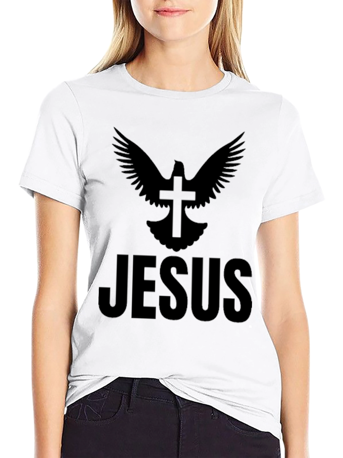 Dove Cross Jesus Graphic Print Black T-Shirt