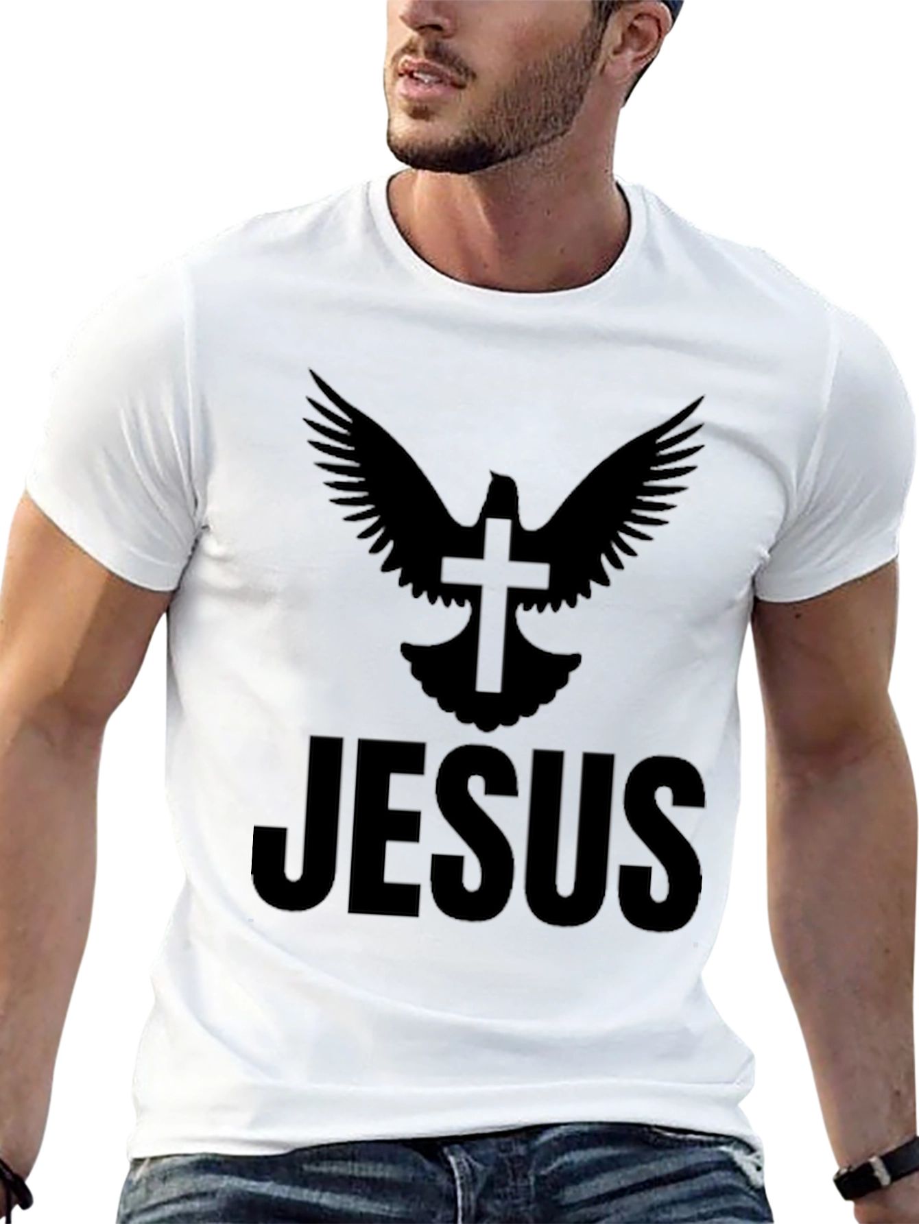 Dove Cross Jesus Graphic Print Black T-Shirt