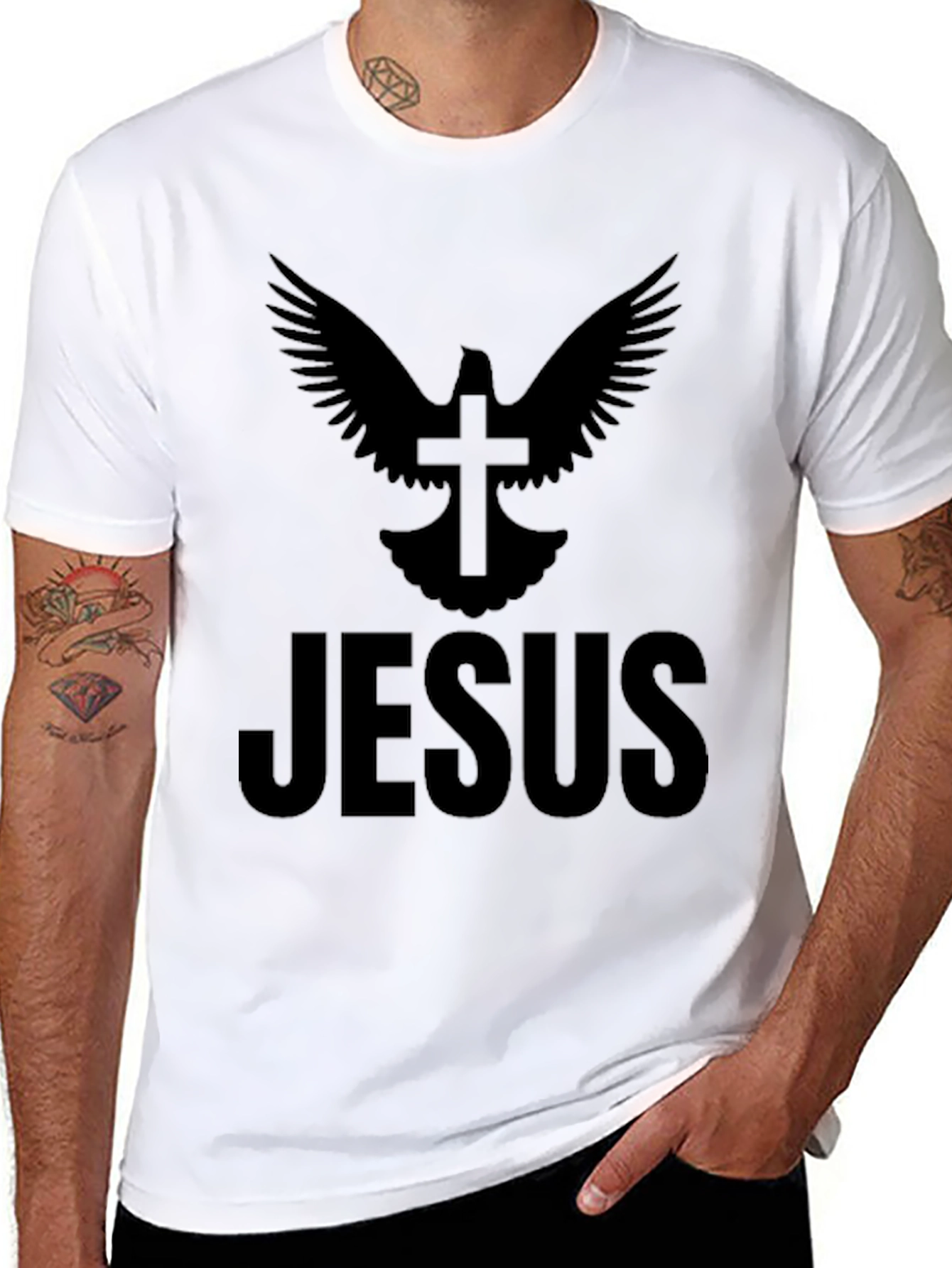 Dove Cross Jesus Graphic Print Black T-Shirt