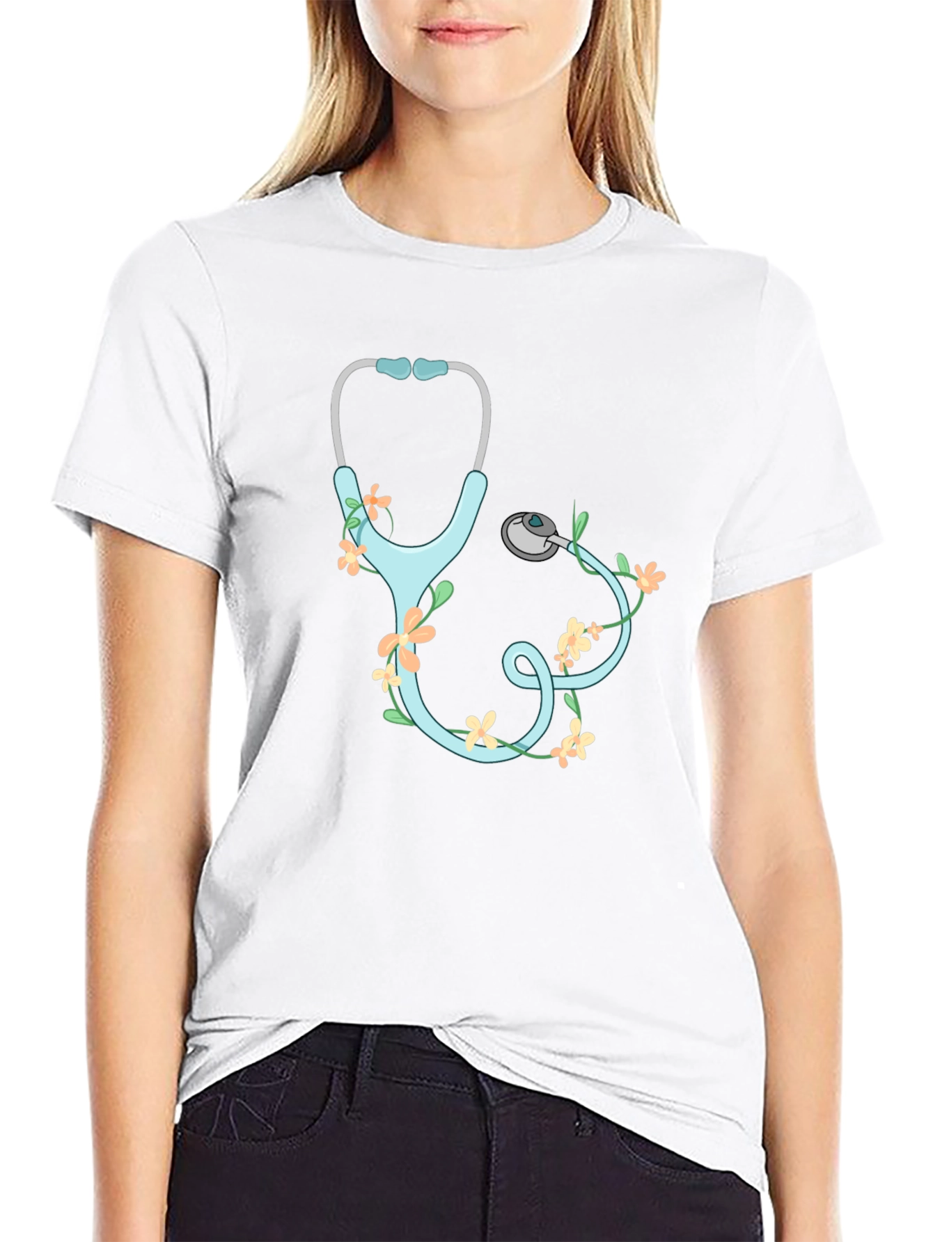 Floral Stethoscope Graphic T-Shirt - Black