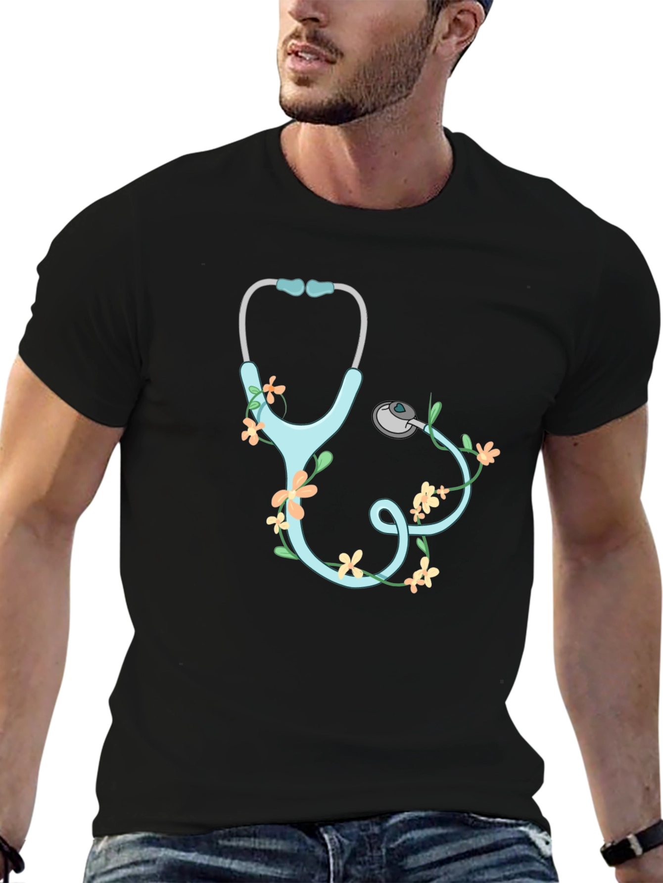 Floral Stethoscope Graphic T-Shirt - Black