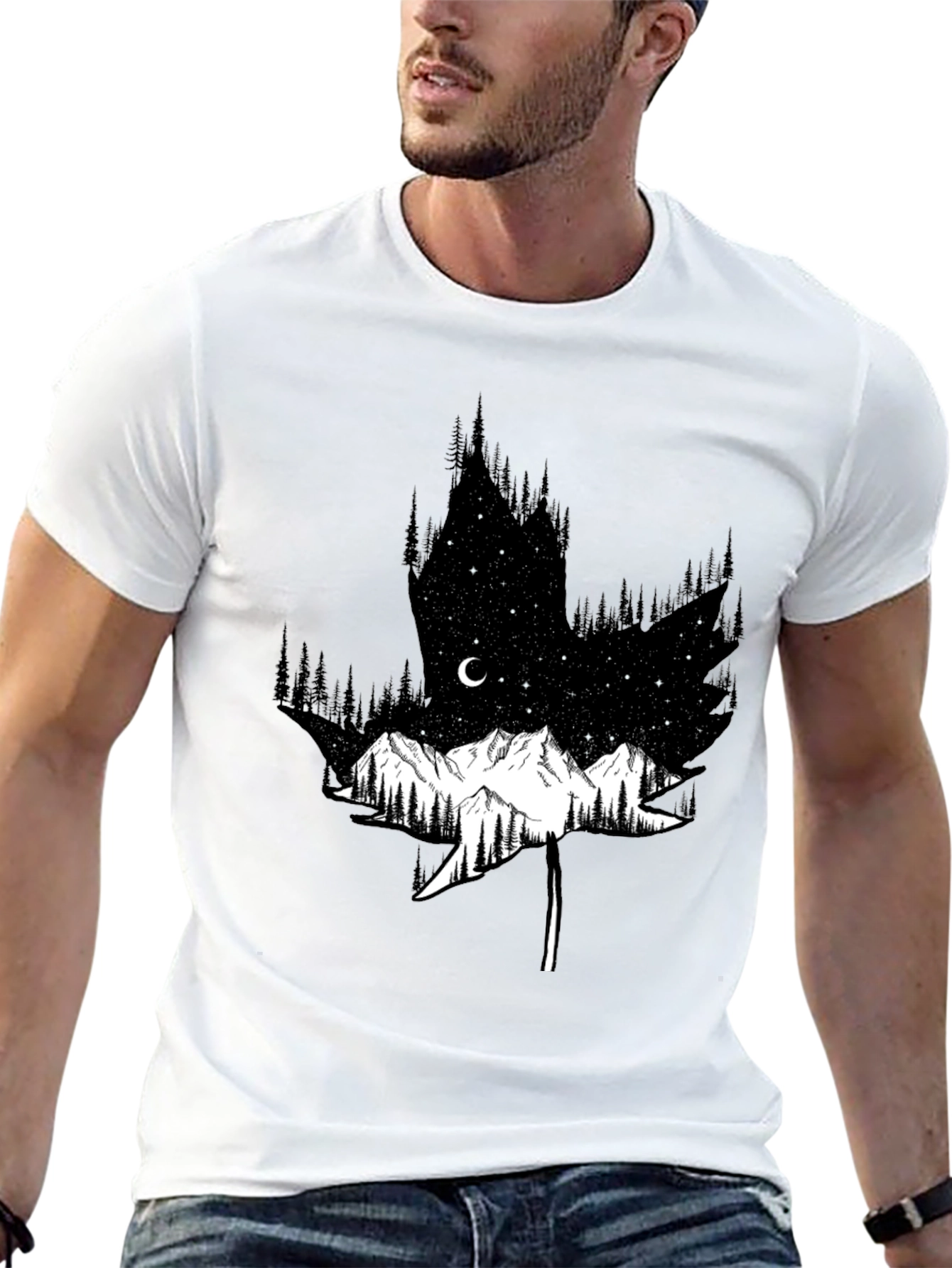 Mountain & Forest Leaf Graphic Black Tee