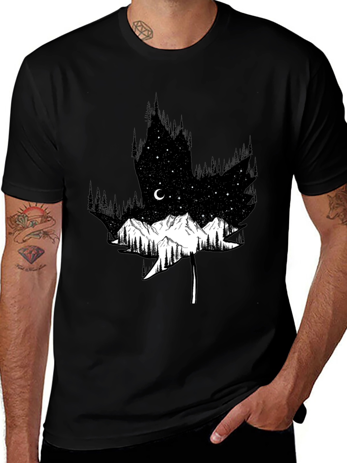 Mountain & Forest Leaf Graphic Black Tee