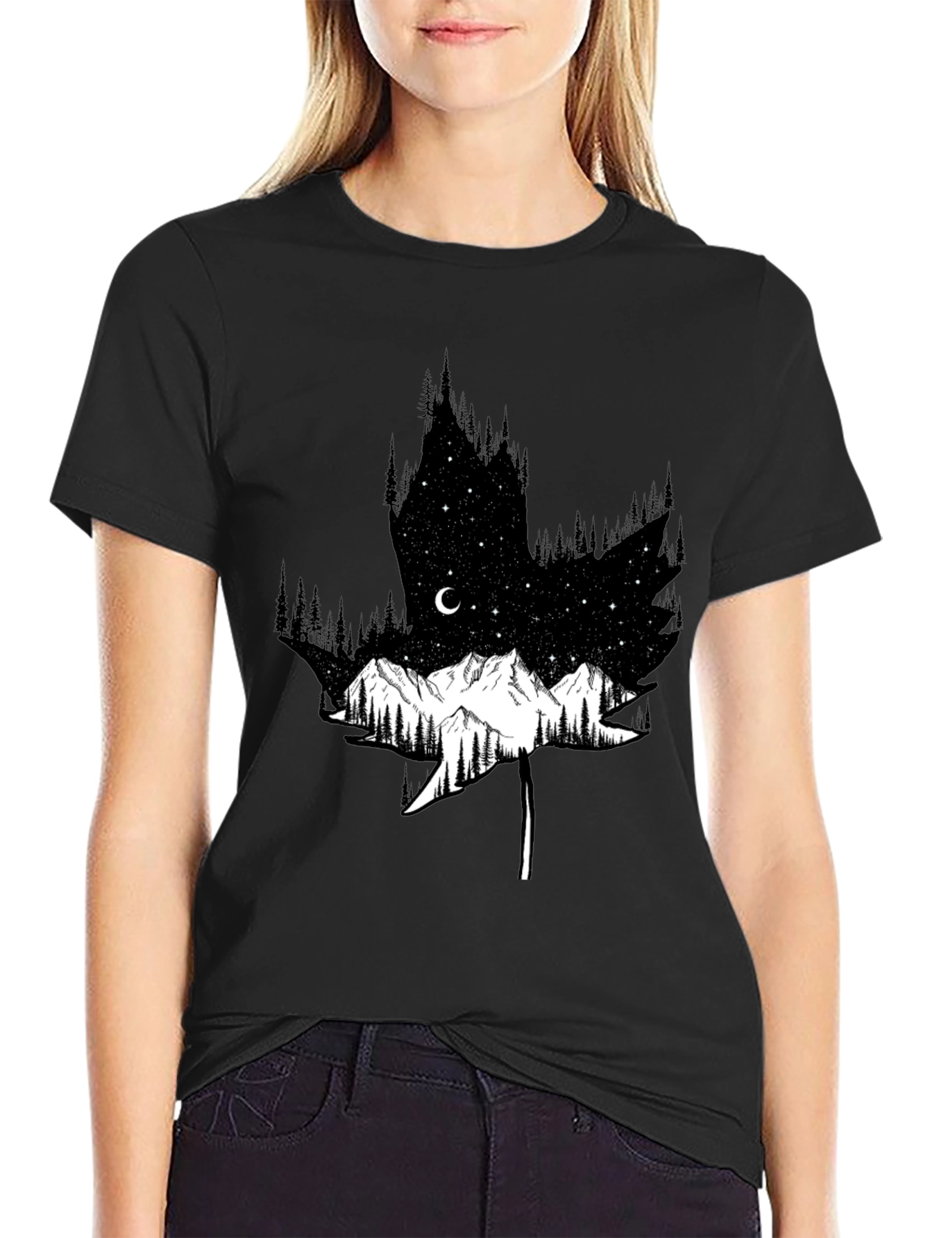 Mountain & Forest Leaf Graphic Black Tee