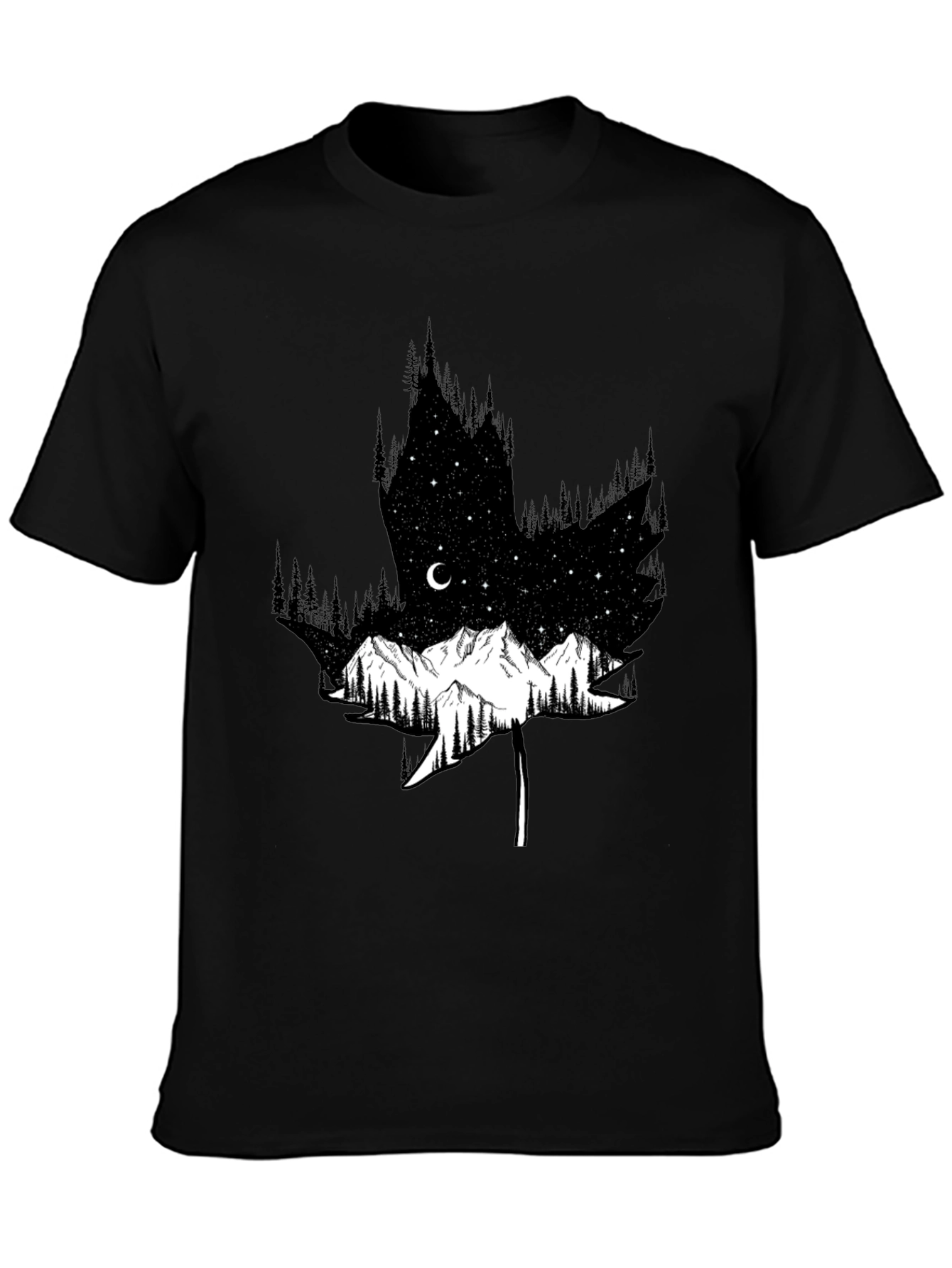 Mountain & Forest Leaf Graphic Black Tee