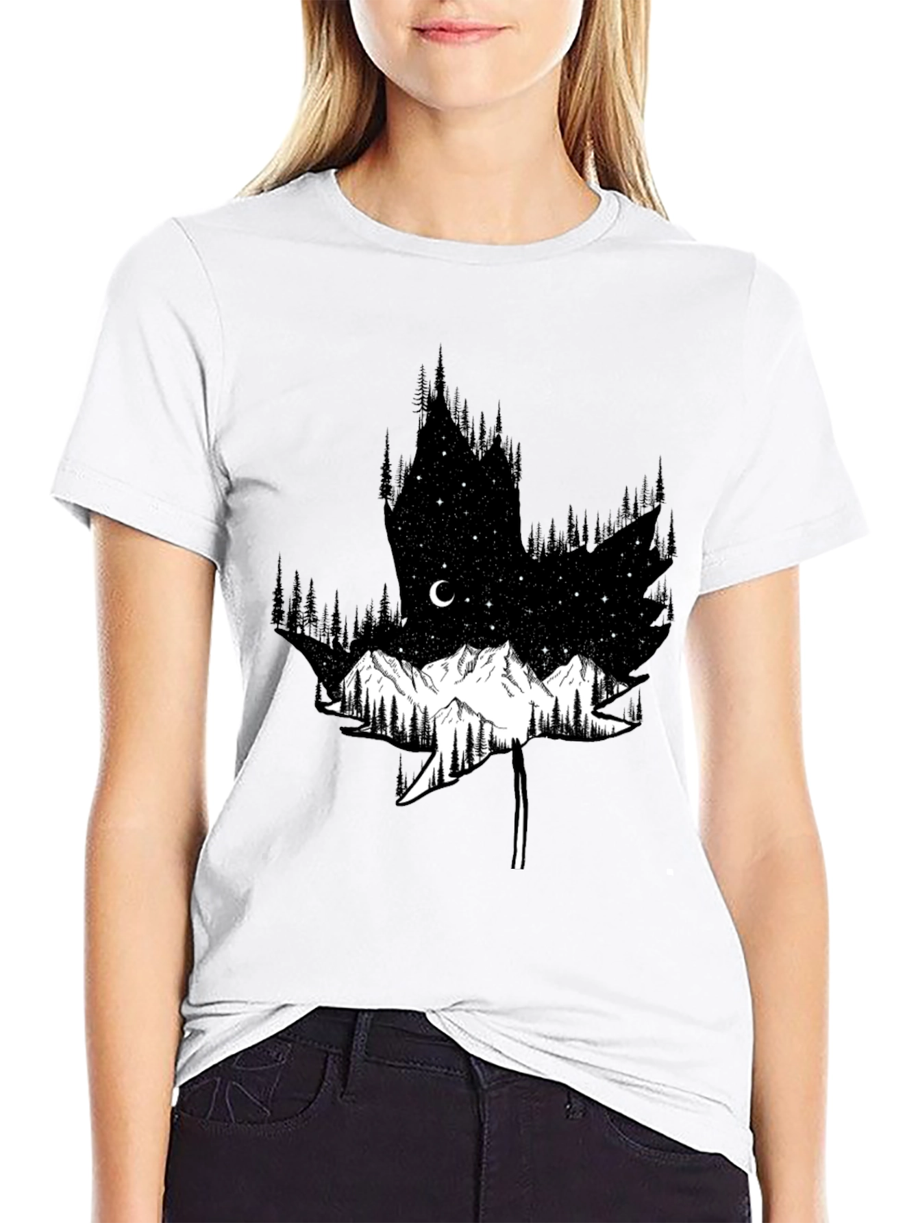 Mountain & Forest Leaf Graphic Black Tee