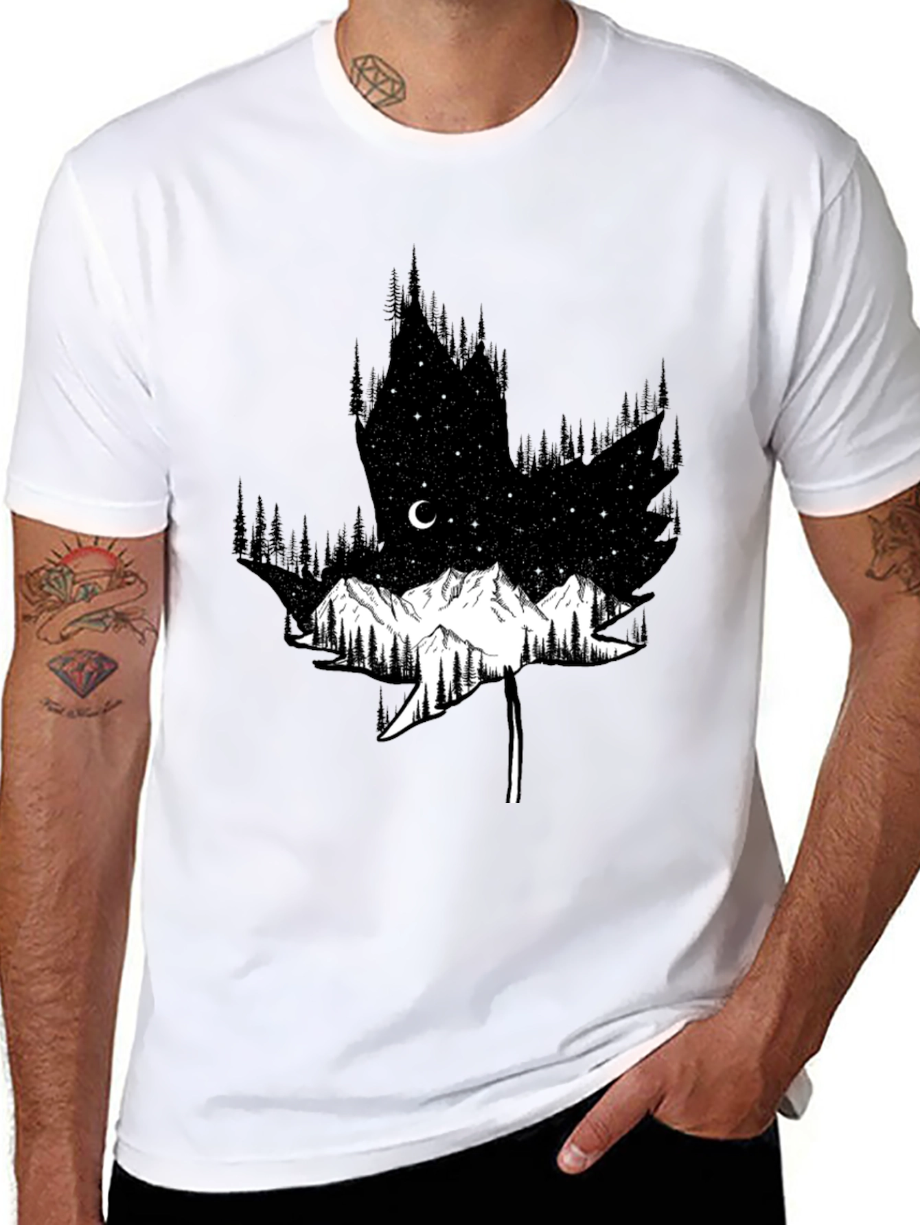Mountain & Forest Leaf Graphic Black Tee
