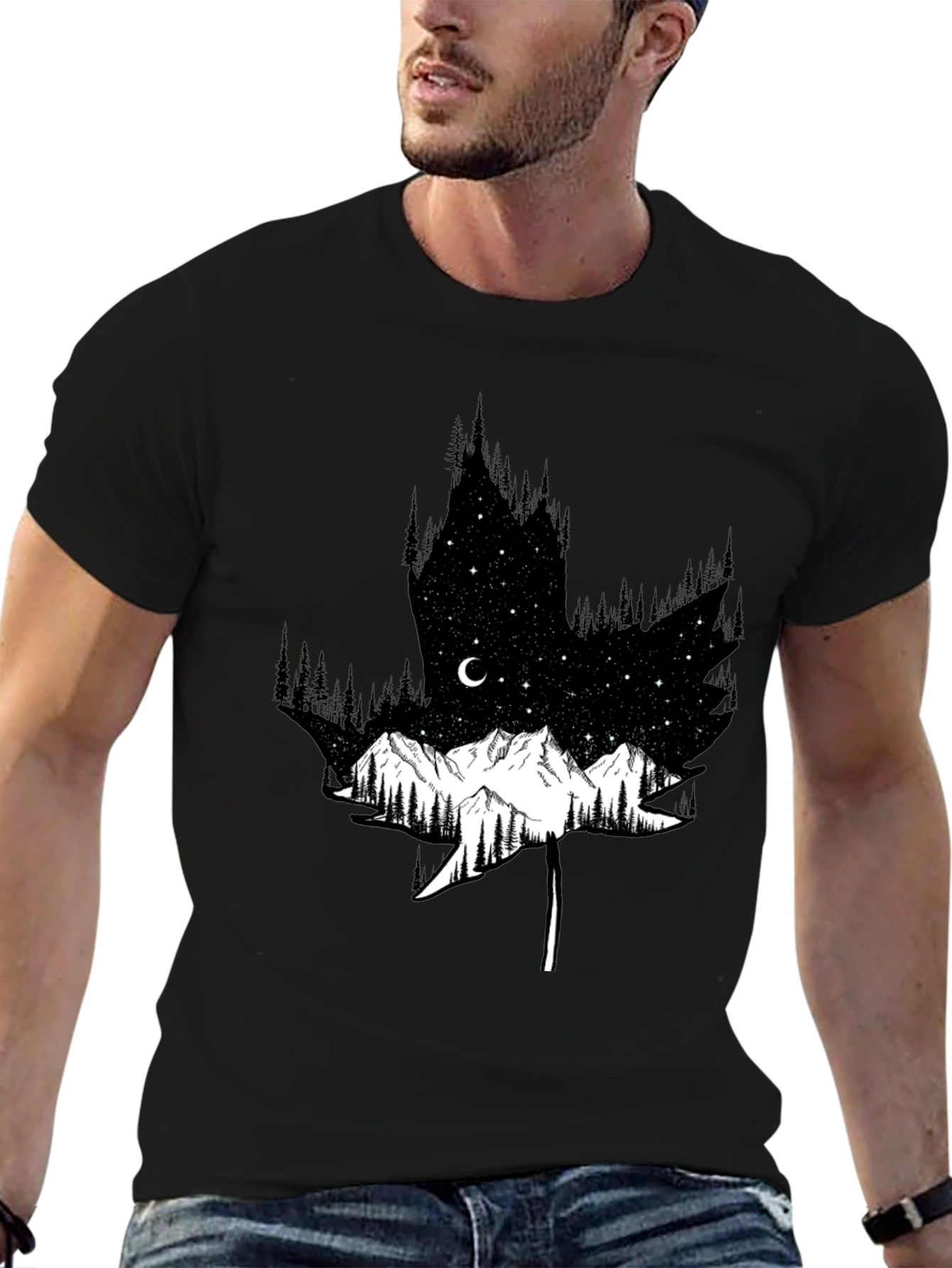 Mountain & Forest Leaf Graphic Black Tee