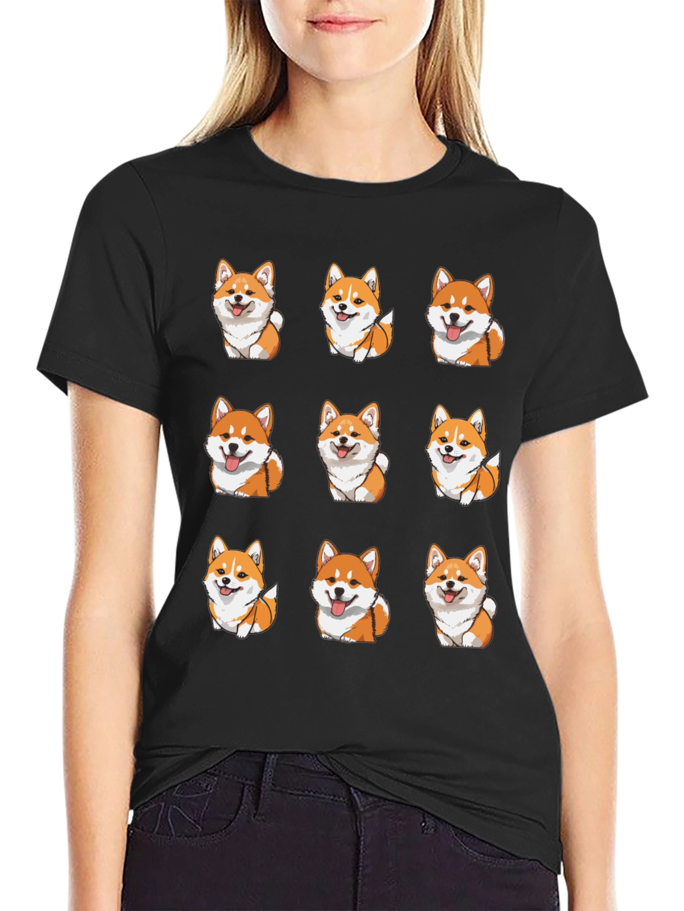 Corgi Dog Pattern Black T-Shirt