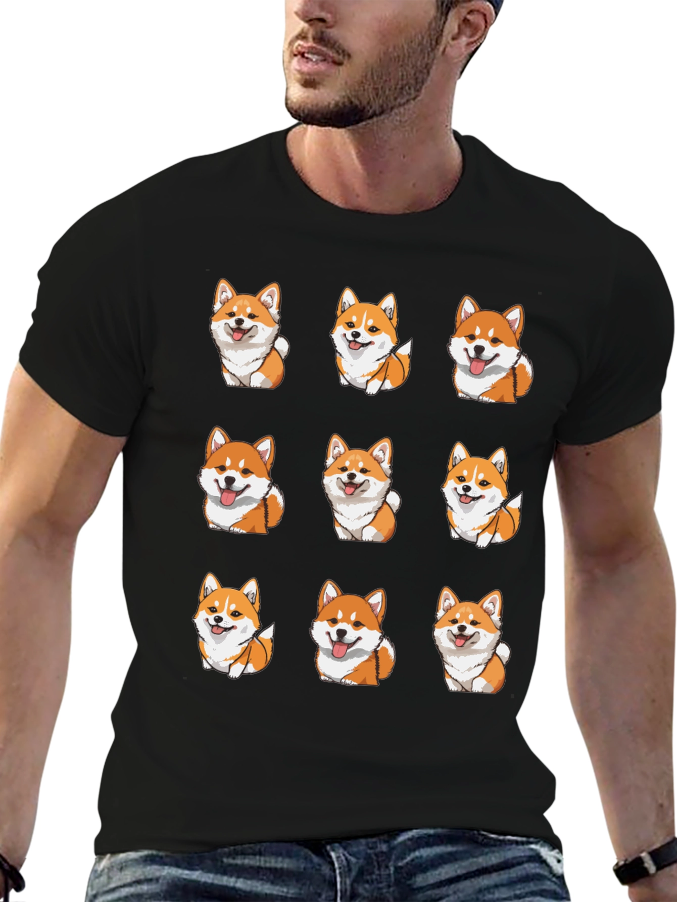 Corgi Dog Pattern Black T-Shirt